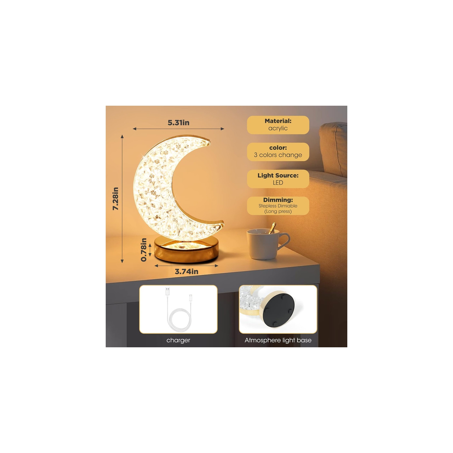 Lampe de table décorative, 3 modes de couleur, lampe de table rechargeable, lampe tactile sans fil à intensité réglable, jolie veilleuse pour chambre