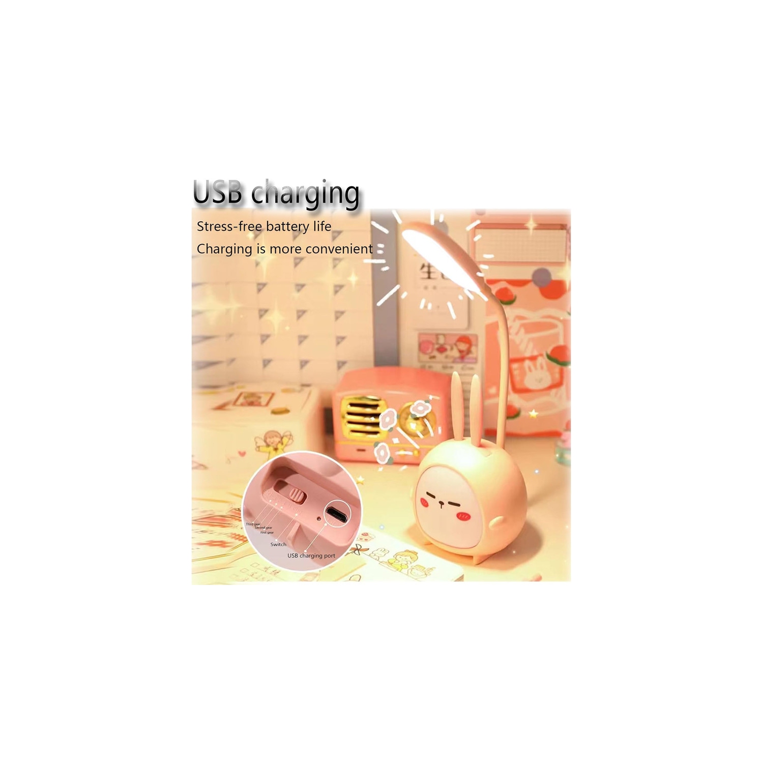 YOULIGHTS Cute Night Light, Portable Mini Rabbit LED Table Lamp, Foldable USB Rechargeable, Suitable for Reading Lamp, Bedroom, Study Room and