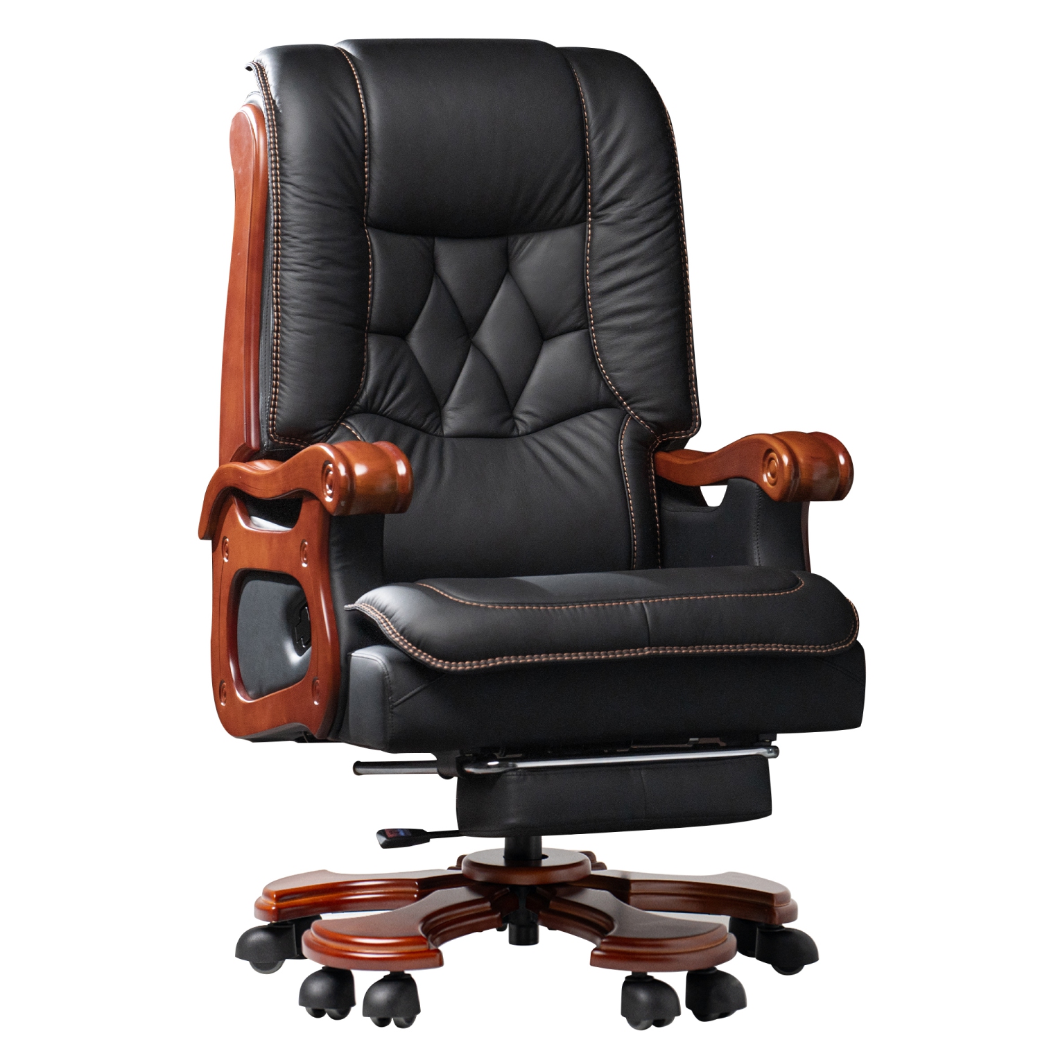 Kinnls Evan Massage Office Chair with Footrest,Genuine Leather Managerial Executive Chair Fully Reclining with Solid Wood Handrail