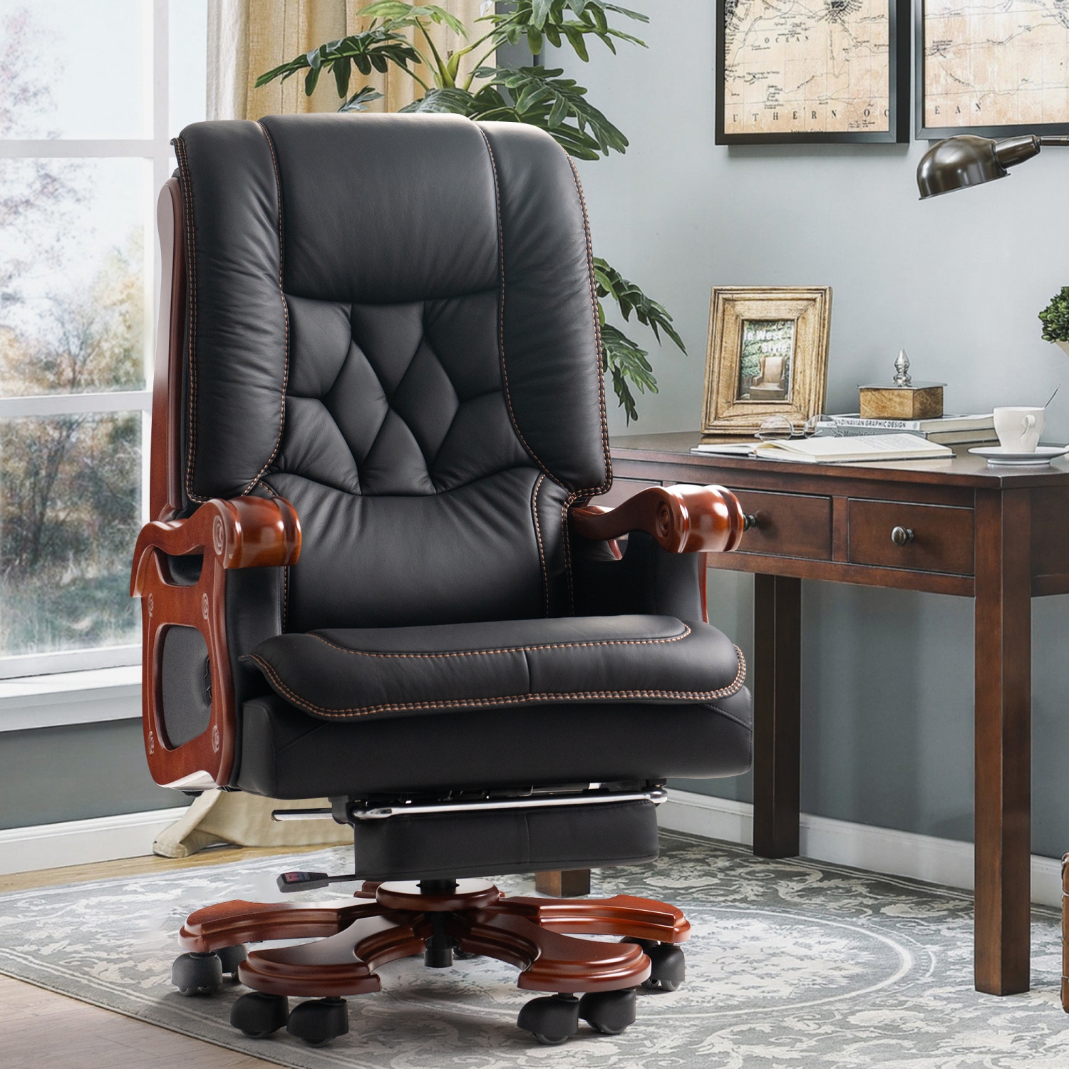 Kinnls Evan Massage Office Chair with Footrest,Genuine Leather Managerial Executive Chair Fully Reclining with Solid Wood Handrail