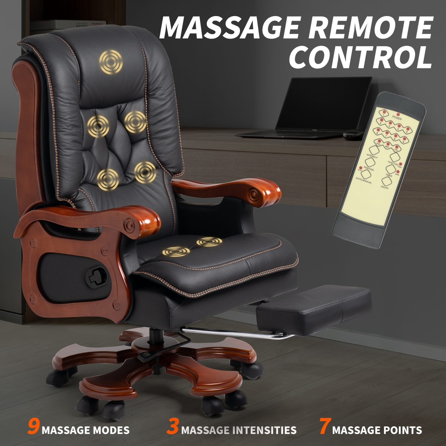 Kinnls Evan Massage Office Chair with Footrest,Genuine Leather Managerial Executive Chair Fully Reclining with Solid Wood Handrail