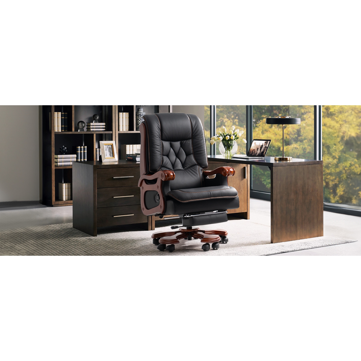 Kinnls Evan Massage Office Chair with Footrest,Genuine Leather Managerial Executive Chair Fully Reclining with Solid Wood Handrail