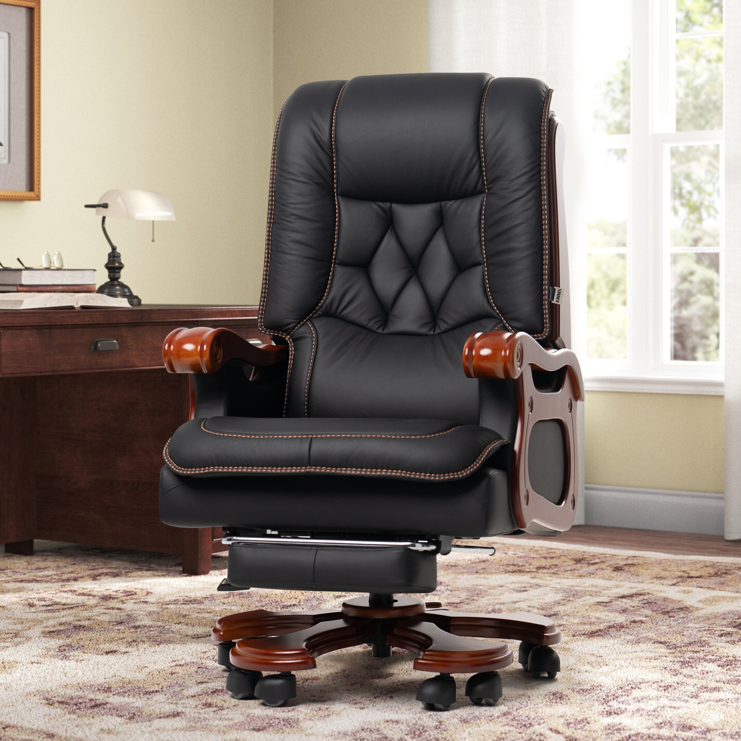 Kinnls Evan Massage Office Chair with Footrest,Genuine Leather Managerial Executive Chair Fully Reclining with Solid Wood Handrail
