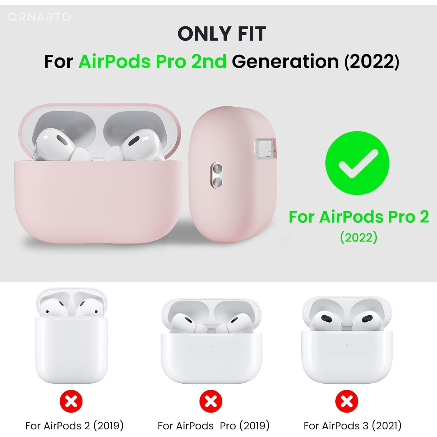 ORNARTO pour étui AirPods Pro 2, étui protecteur en silicone liquide pour AirPods Pro 2nd génération avec cordon Étui souple en silicone visible à