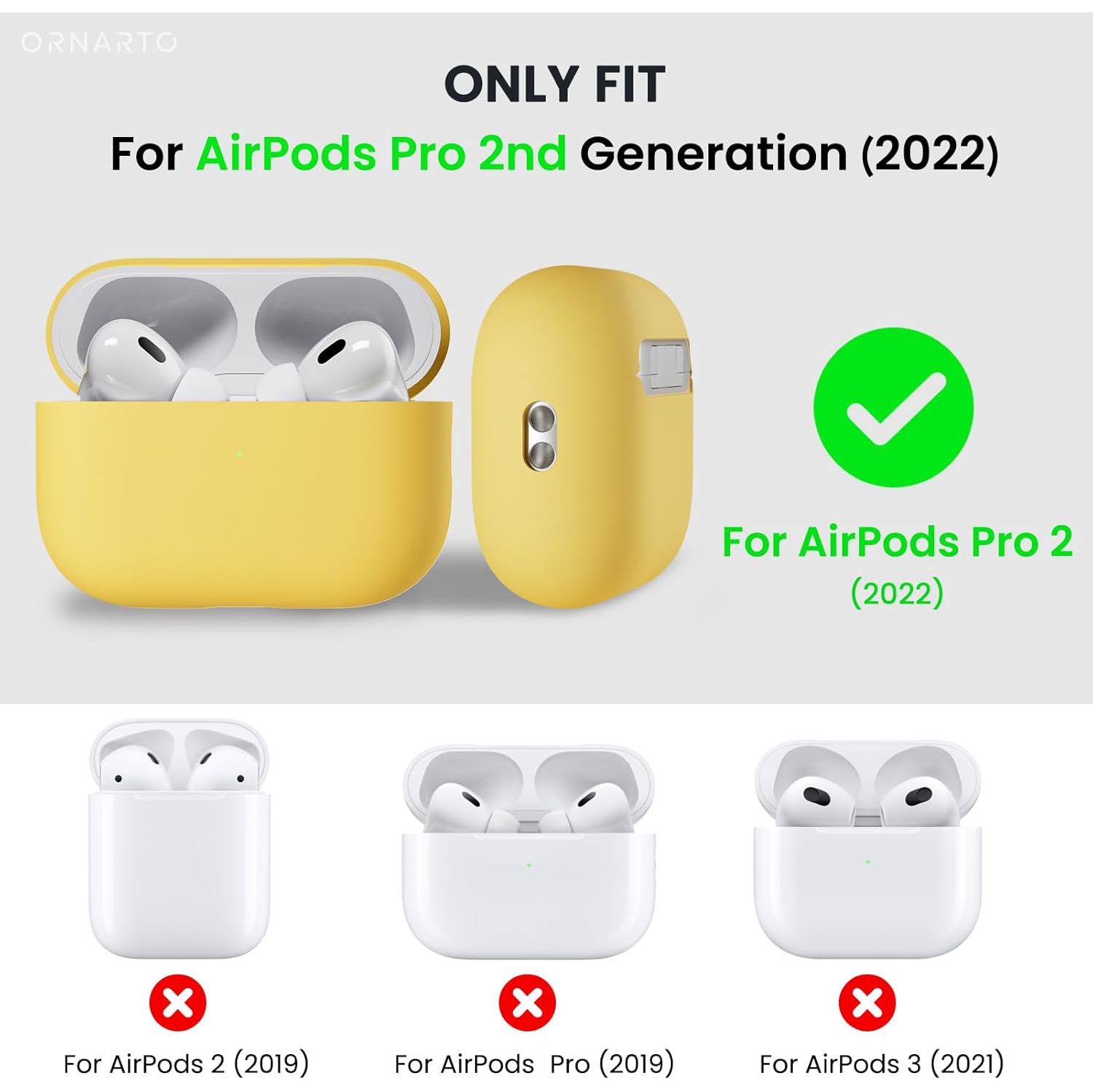 ORNARTO for AirPods Pro 2 Case, Protective Liquid Silicone Case Cover for AirPods Pro 2nd Generation with Lanyard Soft Skin Front LED Visible
