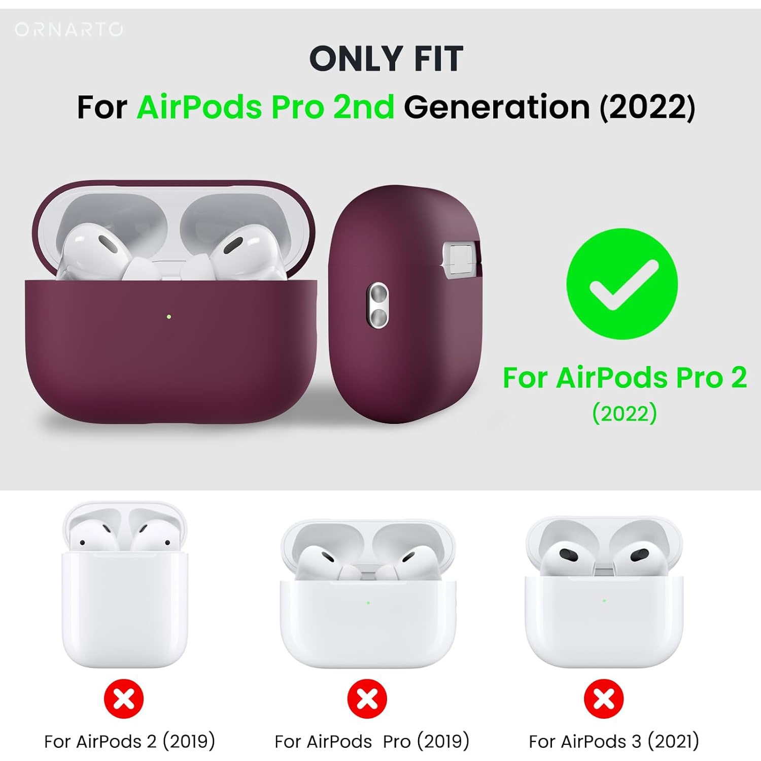 ORNARTO pour étui AirPods Pro 2, étui protecteur en silicone liquide pour AirPods Pro 2nd génération avec cordon Étui souple en silicone visible à