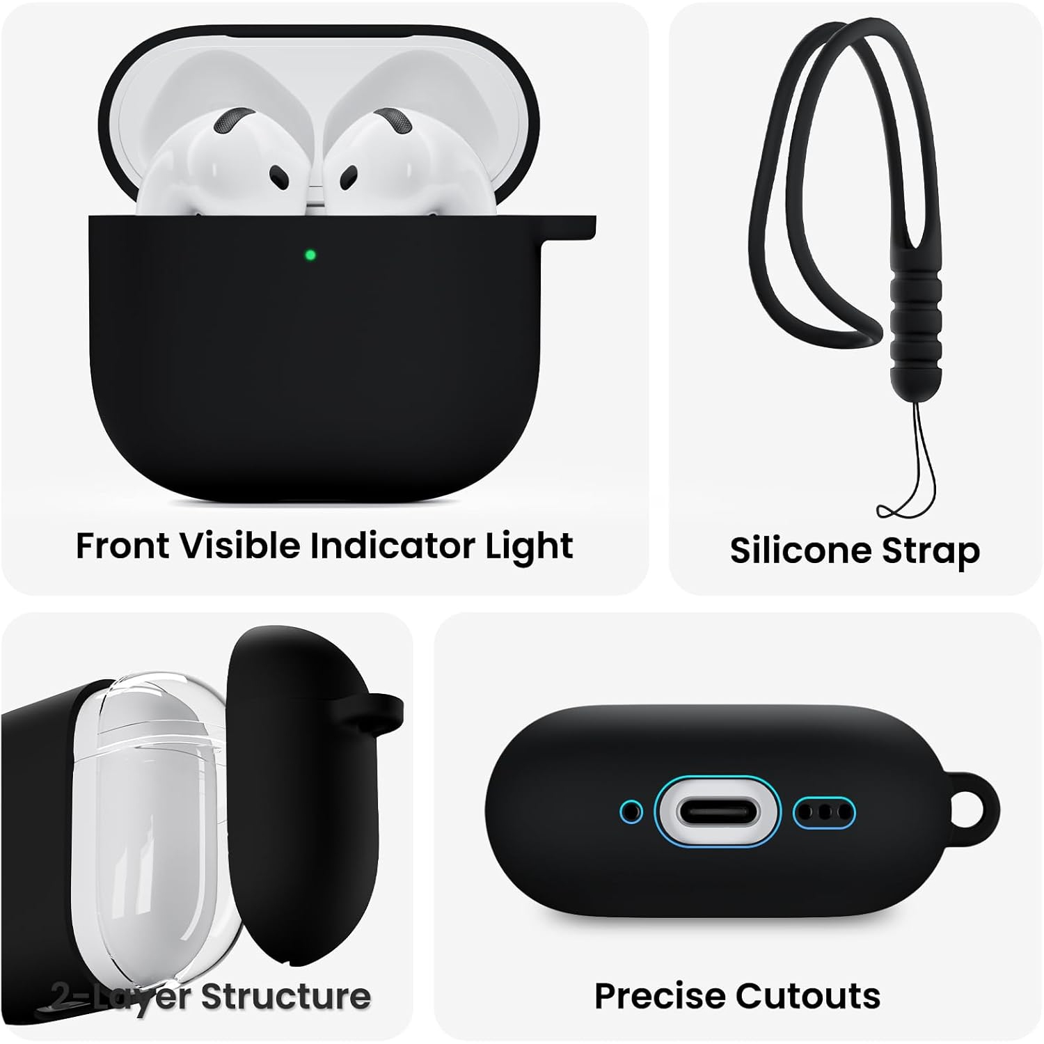 ORNARTO for AirPods 4th Generation Case, Protective Liquid Silicone Case Cover for AirPods 4th Generation with Lanyard Soft Skin Front LED Visible