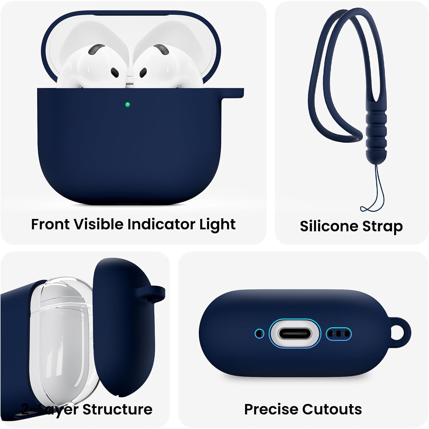 ORNARTO for AirPods 4th Generation Case, Protective Liquid Silicone Case Cover for AirPods 4th Generation with Lanyard Soft Skin Front LED Visible