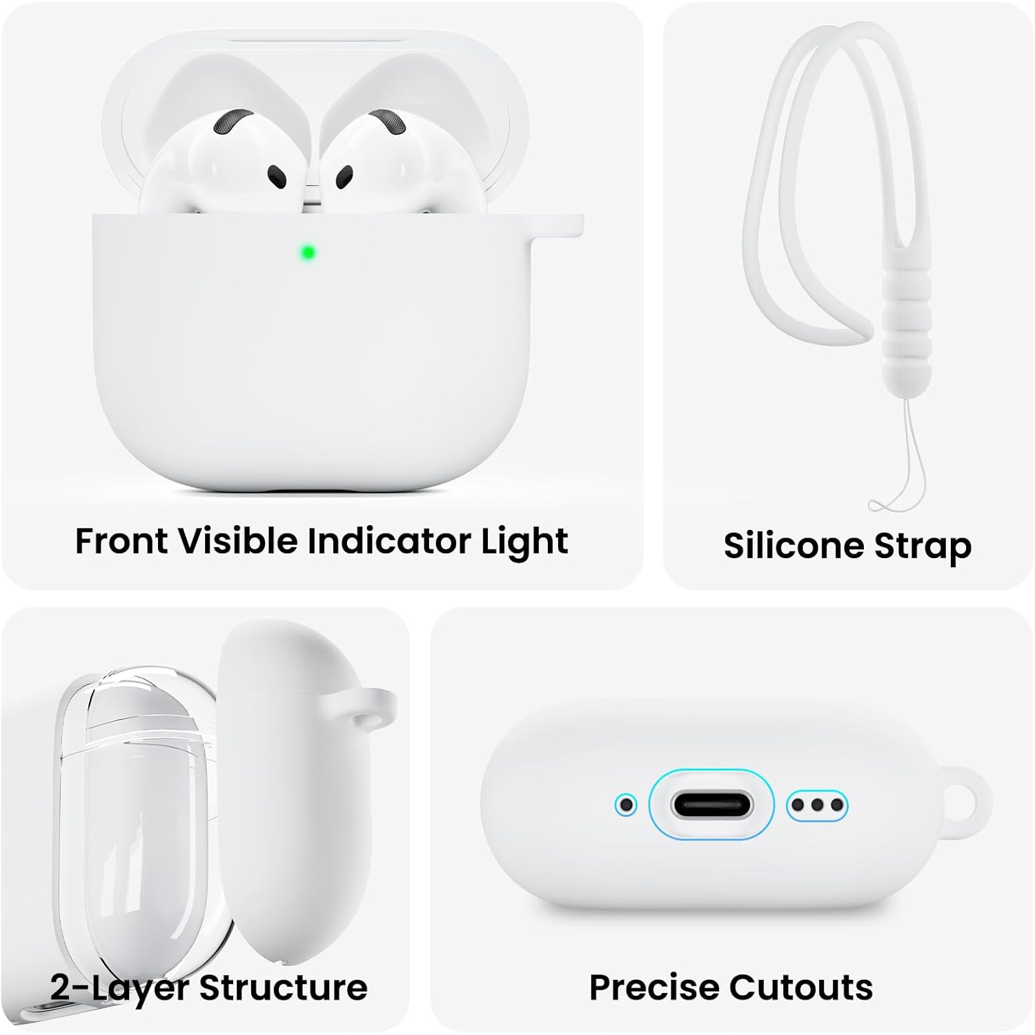 ORNARTO for AirPods 4th Generation Case, Protective Liquid Silicone Case Cover for AirPods 4th Generation with Lanyard Soft Skin Front LED Visible