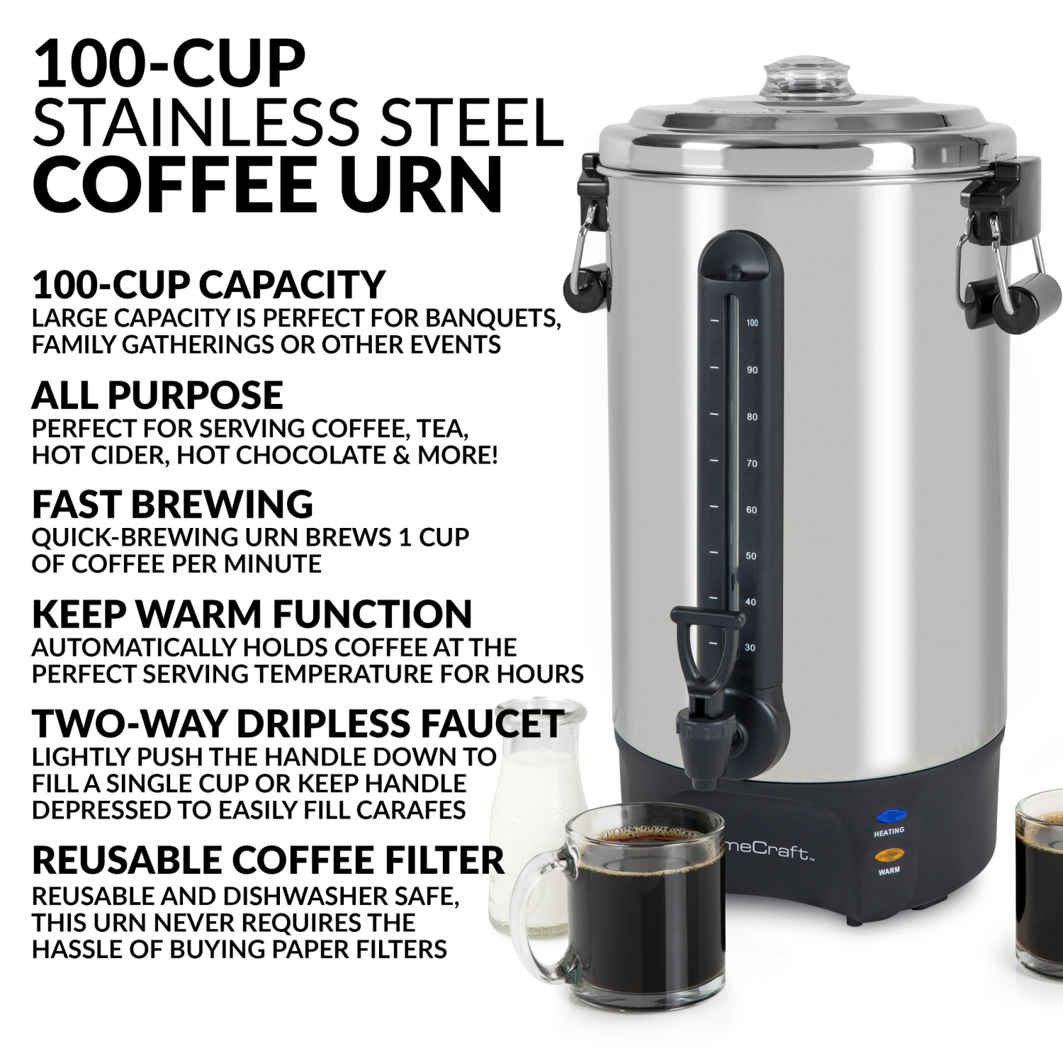 HomeCraft™ – Urne à café Quick-Brewing, 1500 watts, 100 tasses, acier inoxydable