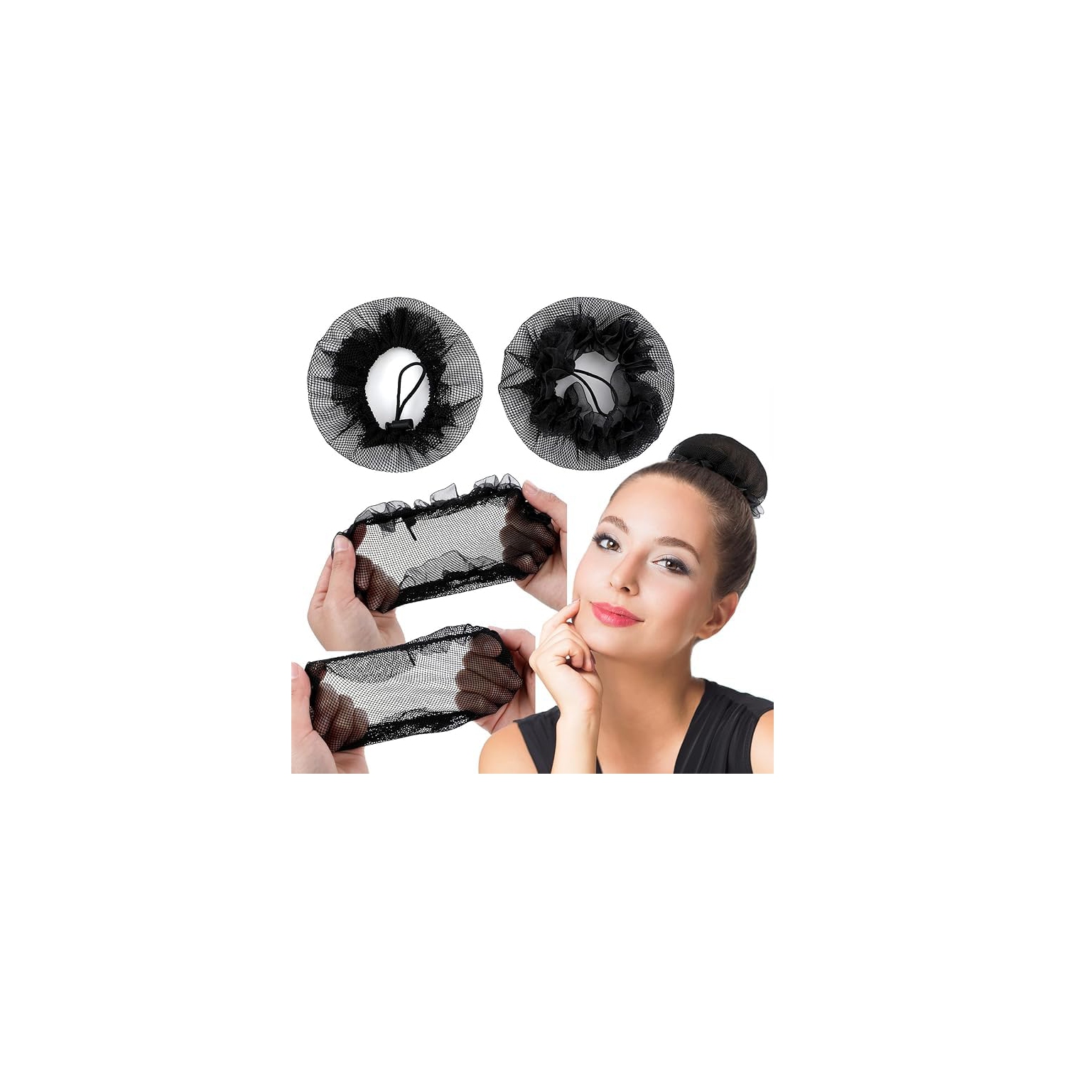 10pcs Bun Bun Noir filets à cheveux élastiques extensibles couvercle de Bun en filet Ballerina Dancer Bank greffiers