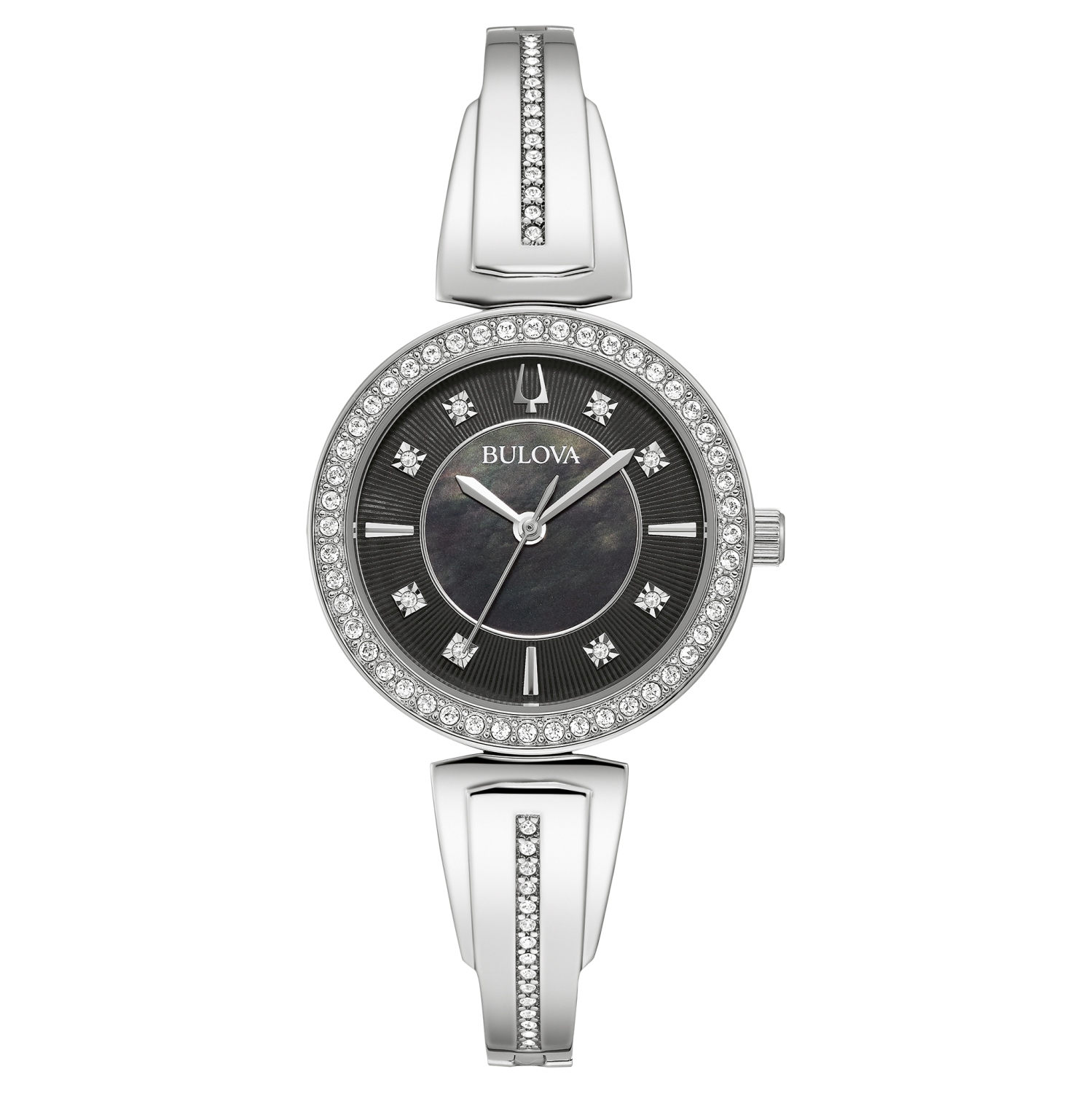 Boîtier à quartz en acier inoxydable argenté 30&nbsp;mm pour femmes de Bulova avec cadran nacré noir et collier correspondant
