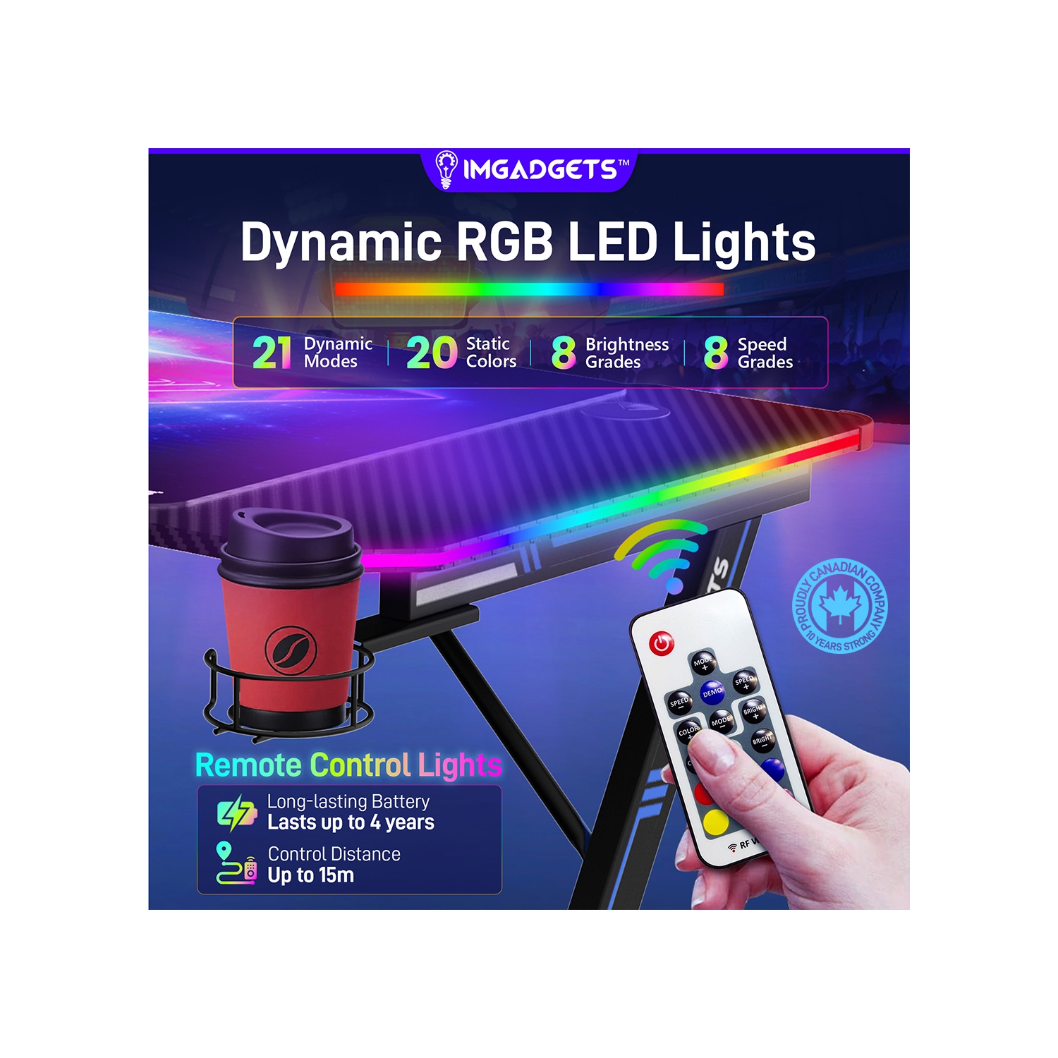 IMGadgets Z-Shaped Gaming Desk with Dynamic LED lighting & Durable Mouse Pad | 47"x24" Carbon Fiber Surface | 100 kg Load Capacity | Ultimate Gaming