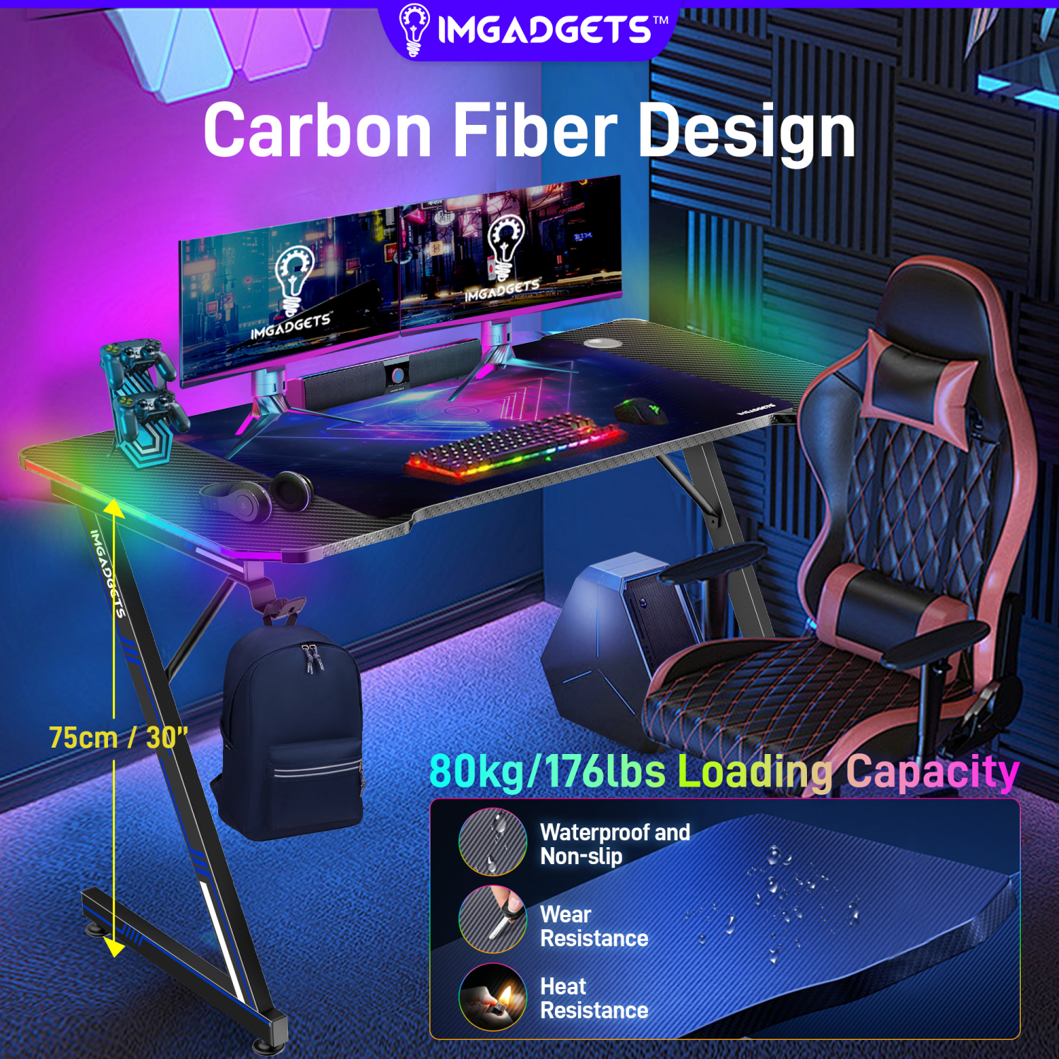 IMGadgets Z-Shaped Gaming Desk with Dynamic LED lighting & Durable Mouse Pad | 47"x24" Carbon Fiber Surface | 100 kg Load Capacity | Ultimate Gaming