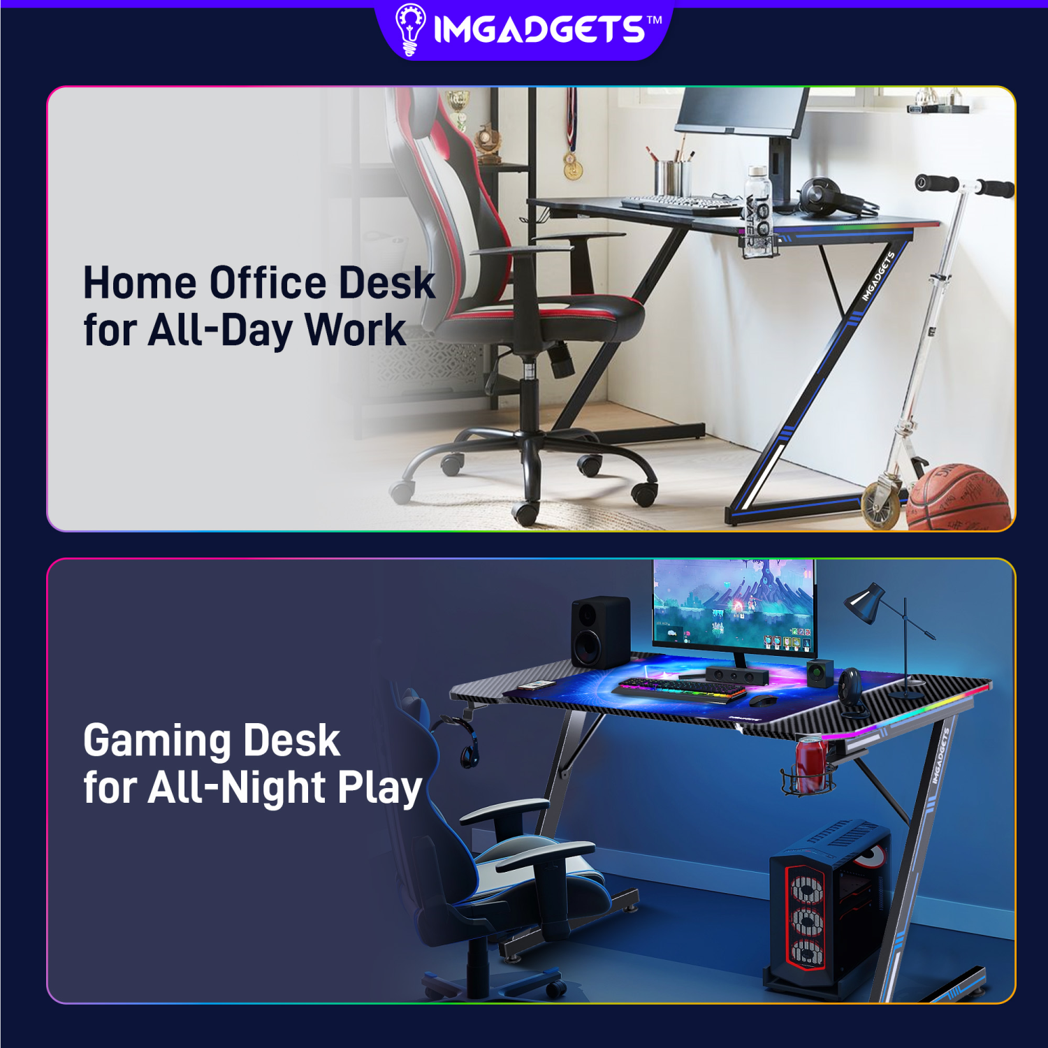 IMGadgets Z-Shaped Gaming Desk with Dynamic LED lighting & Durable Mouse Pad | 47"x24" Carbon Fiber Surface | 100 kg Load Capacity | Ultimate Gaming