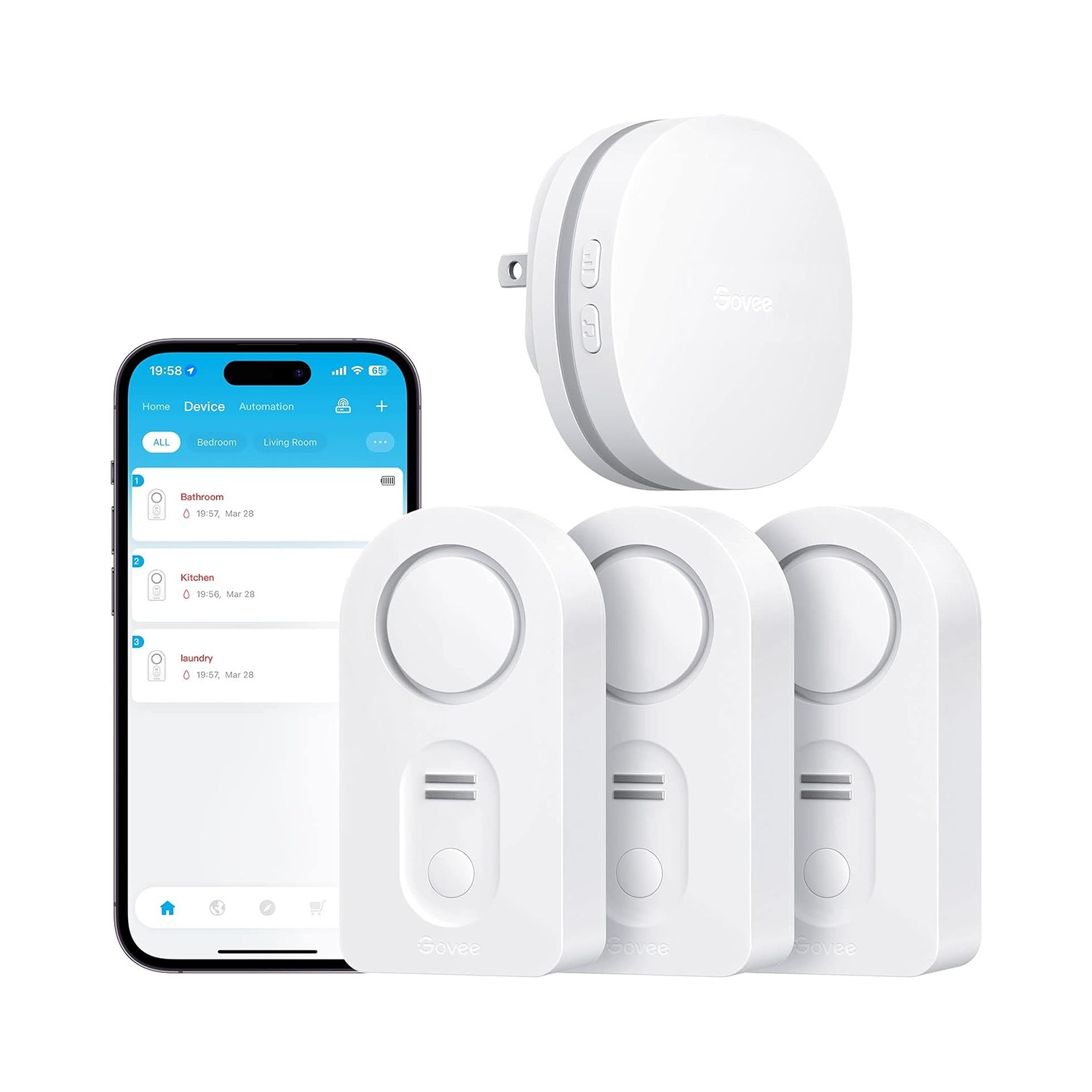 Détecteur de fuite d'eau 100&nbsp;dB alarme réglable et alertes d'application de Govee - Paquet de 3