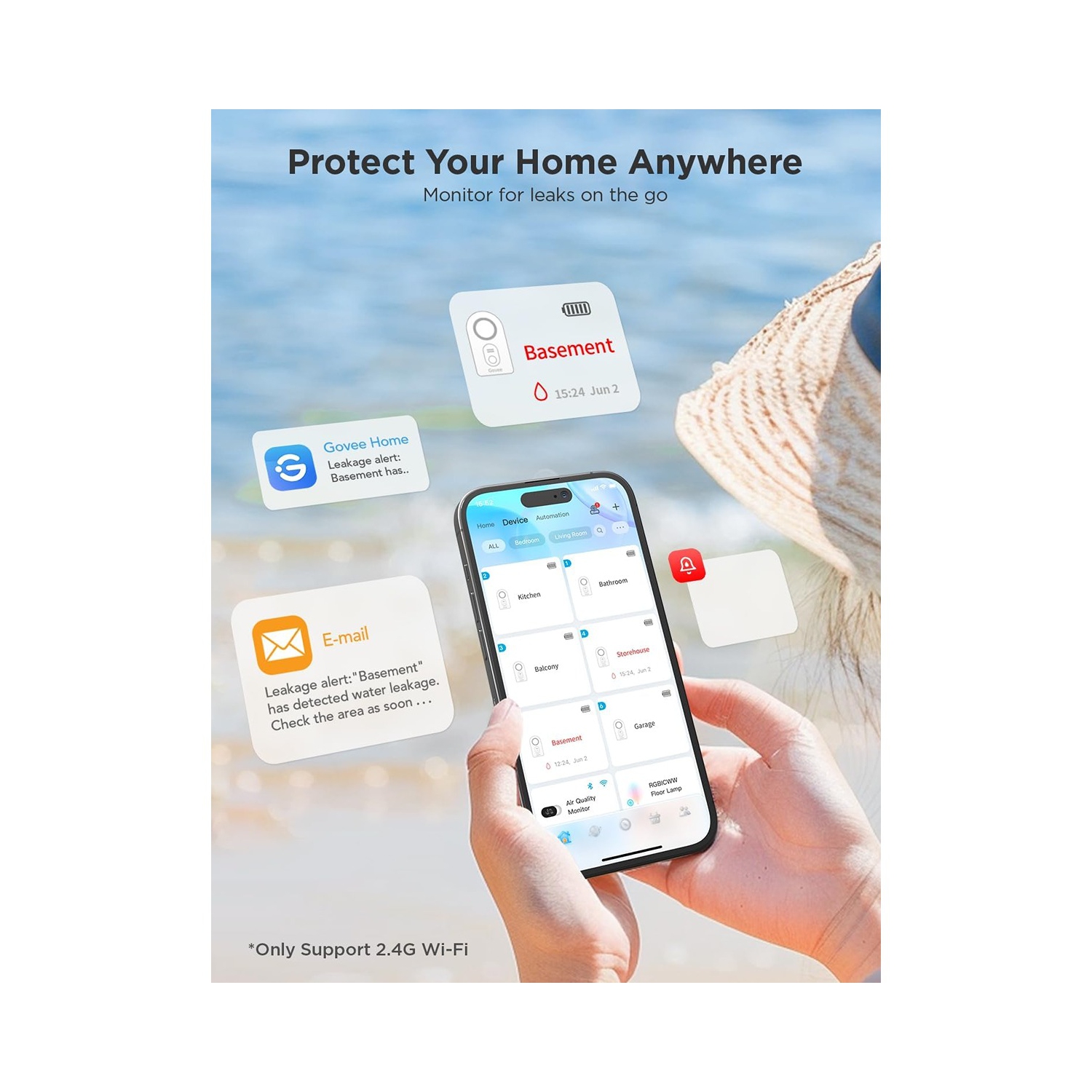 Détecteur de fuite d'eau 100&nbsp;dB alarme réglable et alertes d'application de Govee - Paquet de 3