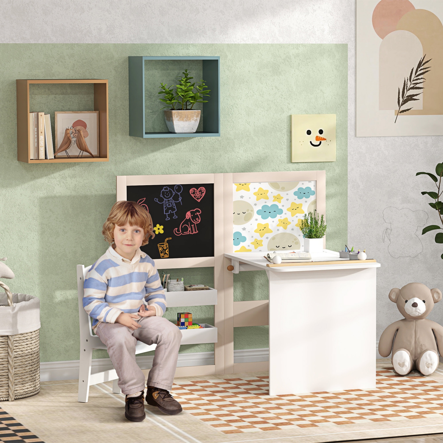 Ensemble 3-en-1 avec table et chaises pour enfants de Qaba avec chevalet pliable, tablettes de rangement, rouleau de papier, ensemble table et