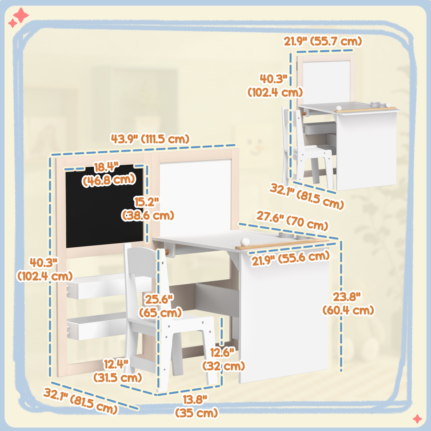 Ensemble 3-en-1 avec table et chaises pour enfants de Qaba avec chevalet pliable, tablettes de rangement, rouleau de papier, ensemble table et