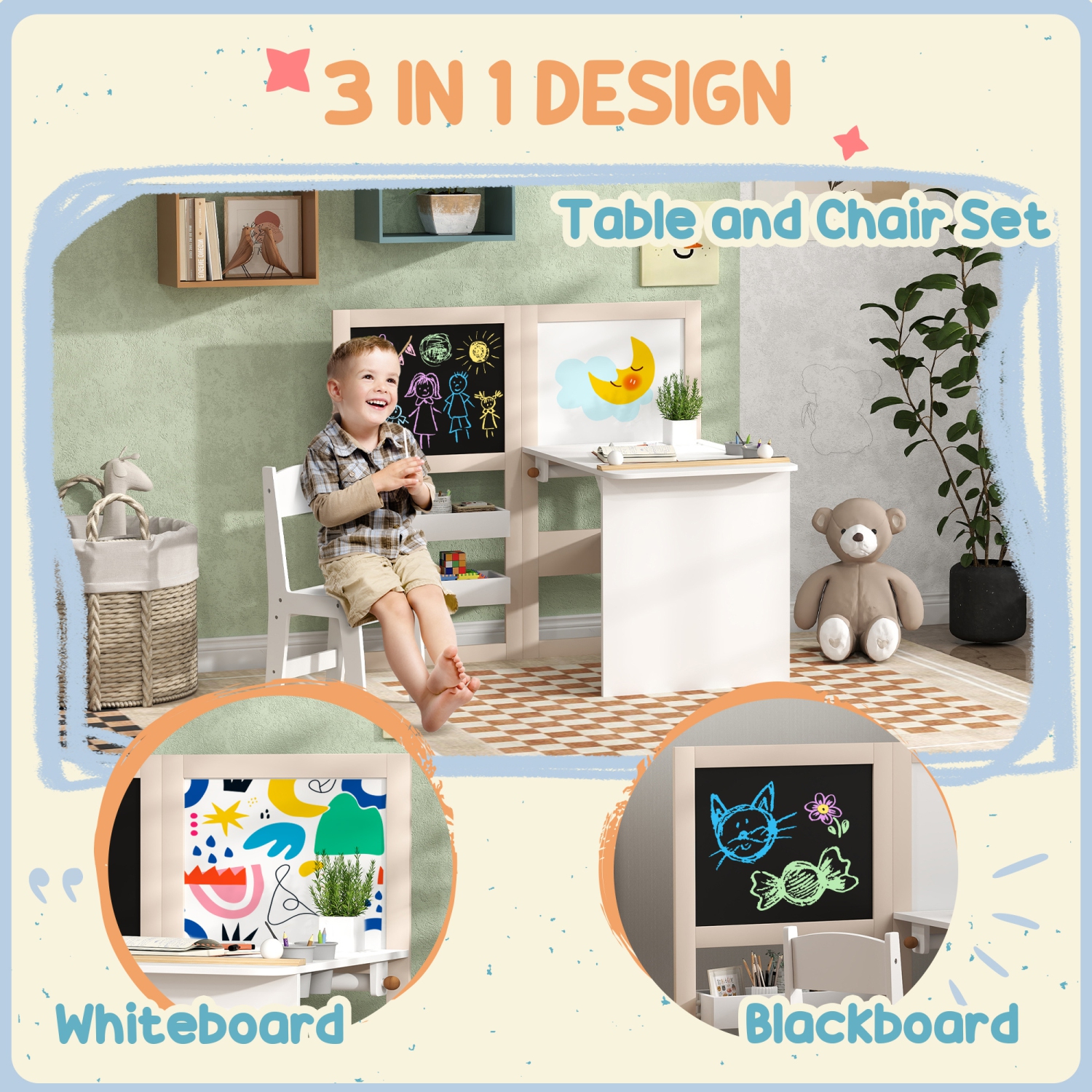 Ensemble 3-en-1 avec table et chaises pour enfants de Qaba avec chevalet pliable, tablettes de rangement, rouleau de papier, ensemble table et