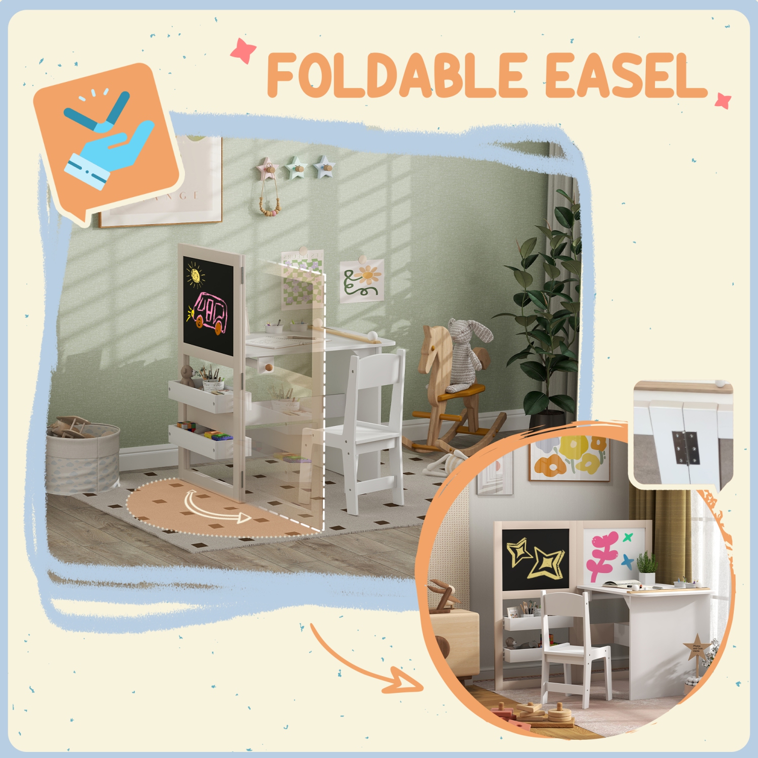 Ensemble 3-en-1 avec table et chaises pour enfants de Qaba avec chevalet pliable, tablettes de rangement, rouleau de papier, ensemble table et