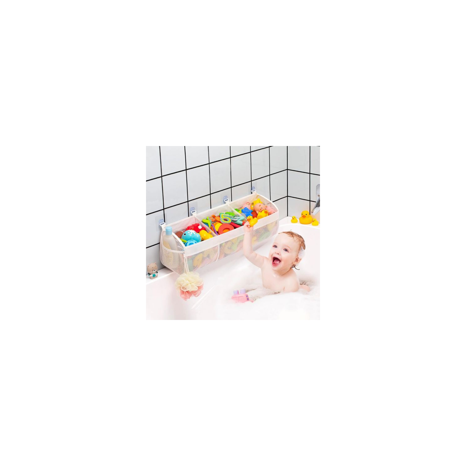 Sac de nettoyage pour jouets de bain en filet à suspendre Store & arrange - ne vous inquiétez plus! Le meuble de rangement horizontal pour jouets de