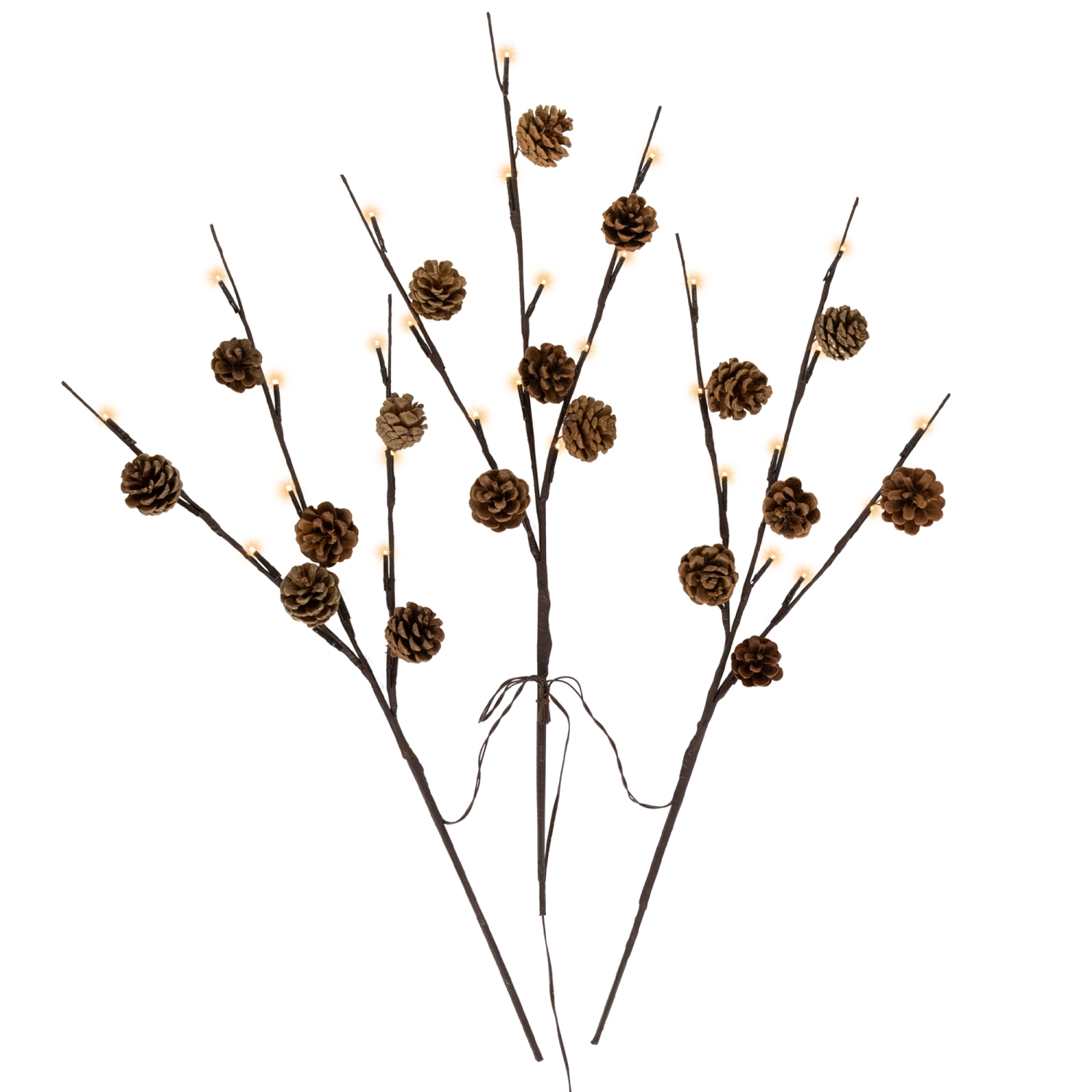 Lighted Pinecone Christmas Branch Bundle - 23" - Warm White LED - Set of 3