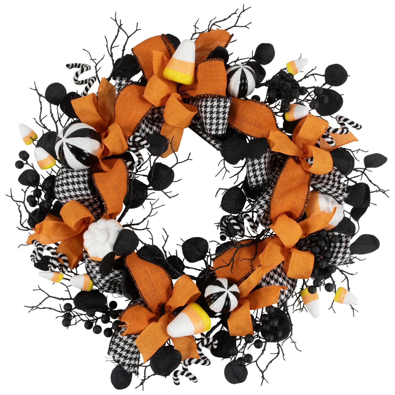 Houndstooth Bows and Candy Corn Halloween Wreath - 24" - Unlit