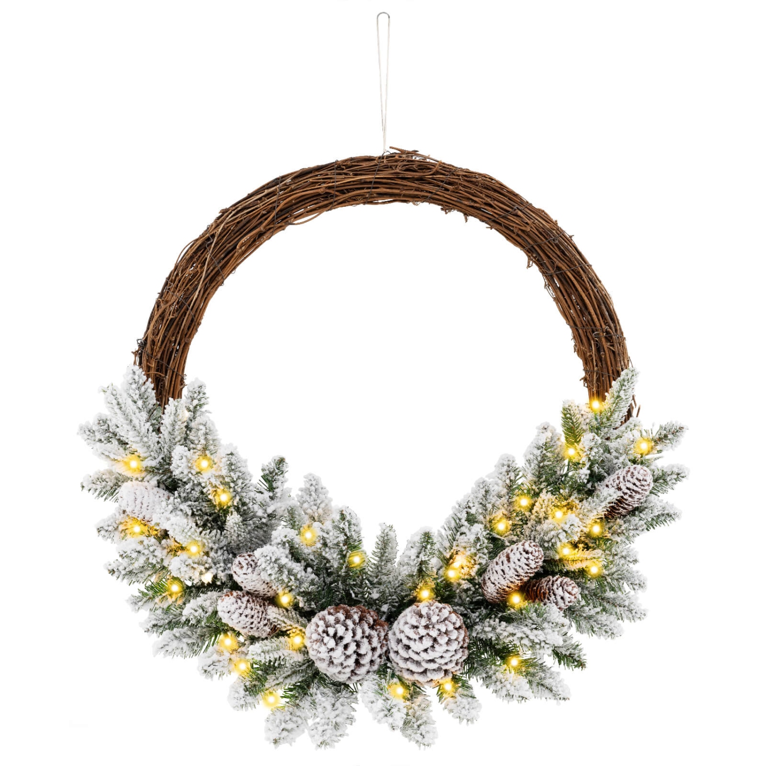 Costway 1 PCS 24 Inch Christmas Wreath with 65 Branch Tips 8 Natural Pine Cones 6 Lighting Modes