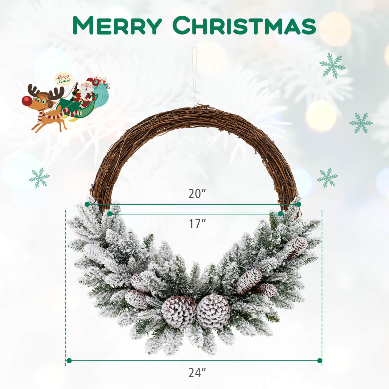 Costway 1 PCS 24 Inch Christmas Wreath with 65 Branch Tips 8 Natural Pine Cones 6 Lighting Modes