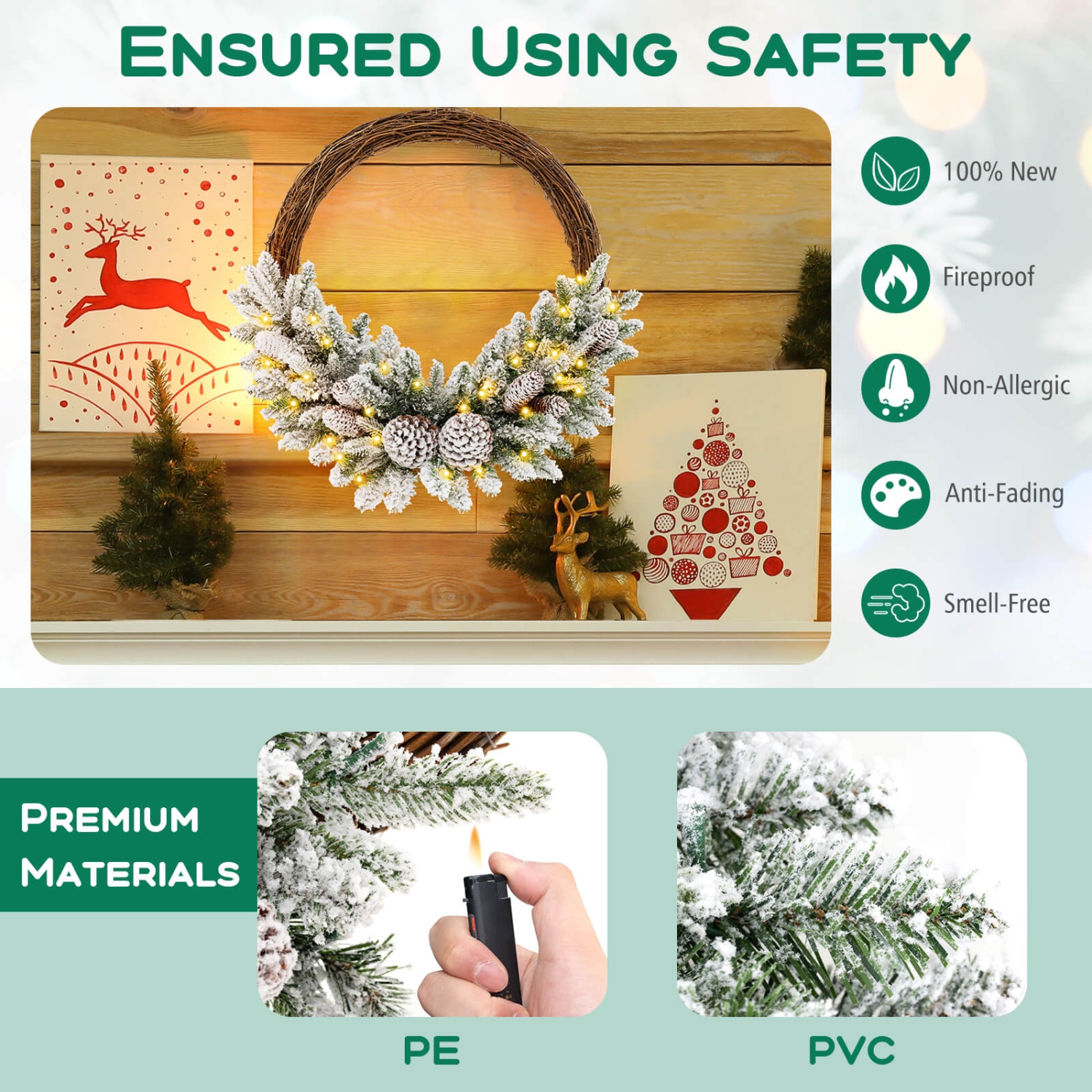 Costway 1 PCS 24 Inch Christmas Wreath with 65 Branch Tips 8 Natural Pine Cones 6 Lighting Modes