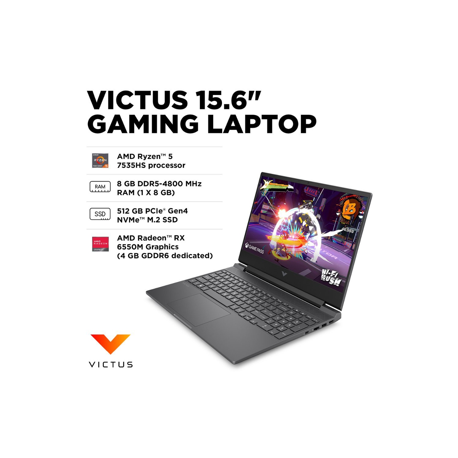Portable de jeu 144&nbsp;Hz IPS HD intégrale Victus 15,6 po de HP - Ryzen 5-7535HS d'AMD - mémoire 16&nbsp;Go DDR5 Go - Radeon RX 6550&nbsp;M d'AMD -