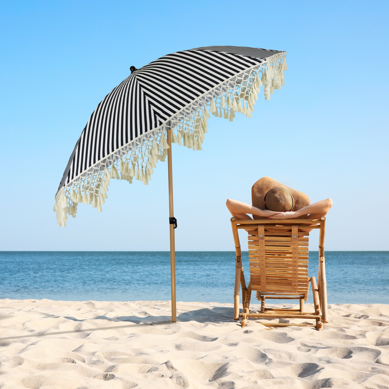Striped Outdoor Macrame Boho Beach Market Umbrella with Tilt- 6.5' - Black and White