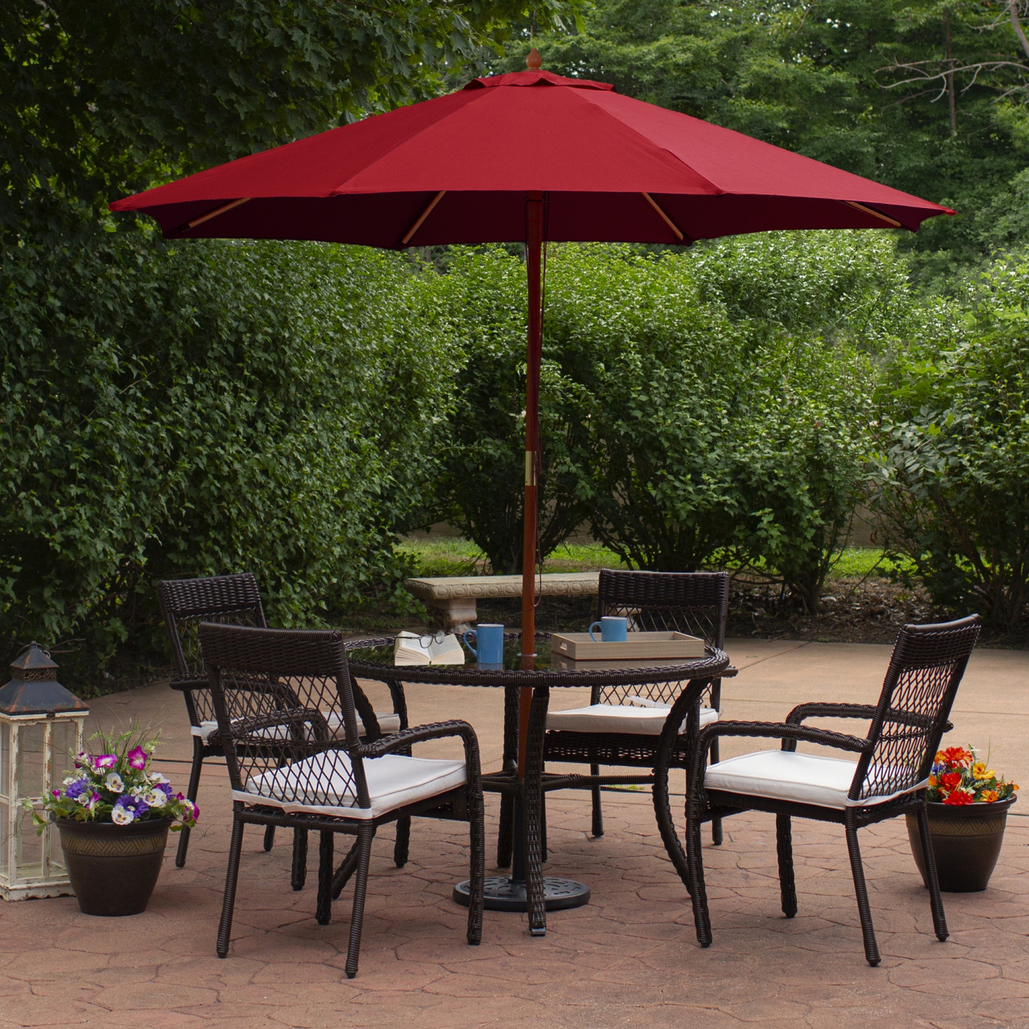 9ft Outdoor Patio Market Umbrella with Wooden Pole, Red