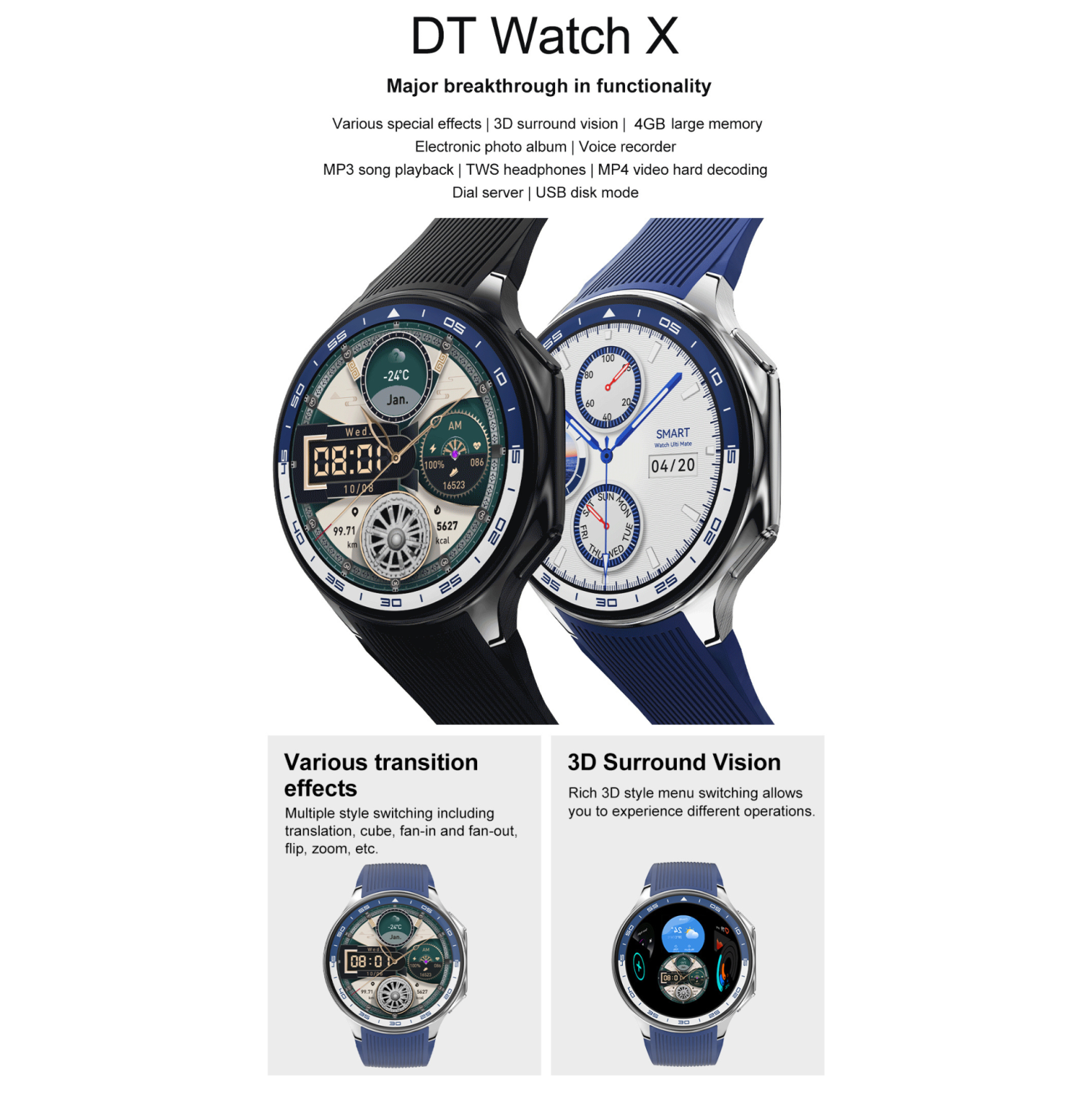 Montre intelligente TUTT pour hommes AMOLED Ultra-Slim/Léger 1,43" HD | 4&nbsp;Go RAM AI | 3 courroies cuir et caoutchouc | Montre intelligente