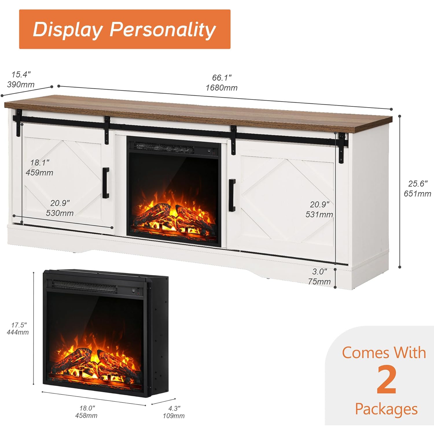 Meuble pour téléviseur avec foyer WAMPAT Meuble de salon avec porte de grange coulissante pour téléviseurs jusqu'à 100&nbsp;pouces, meuble de