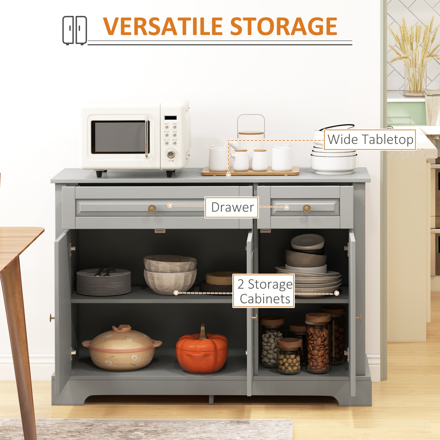 HOMCOM Sideboard Buffet Cabinet, Modern Kitchen Cabinet with 2 Drawers and Adjustable Shelves, Coffee Bar Cabinet, Grey