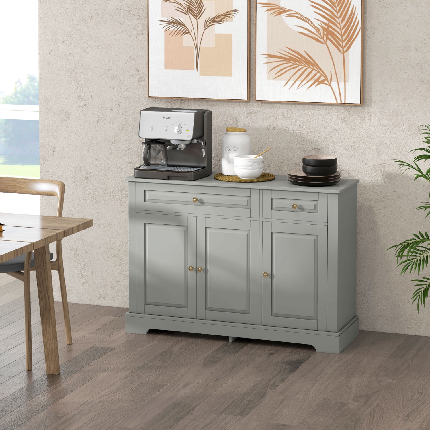 HOMCOM Sideboard Buffet Cabinet, Modern Kitchen Cabinet with 2 Drawers and Adjustable Shelves, Coffee Bar Cabinet, Grey