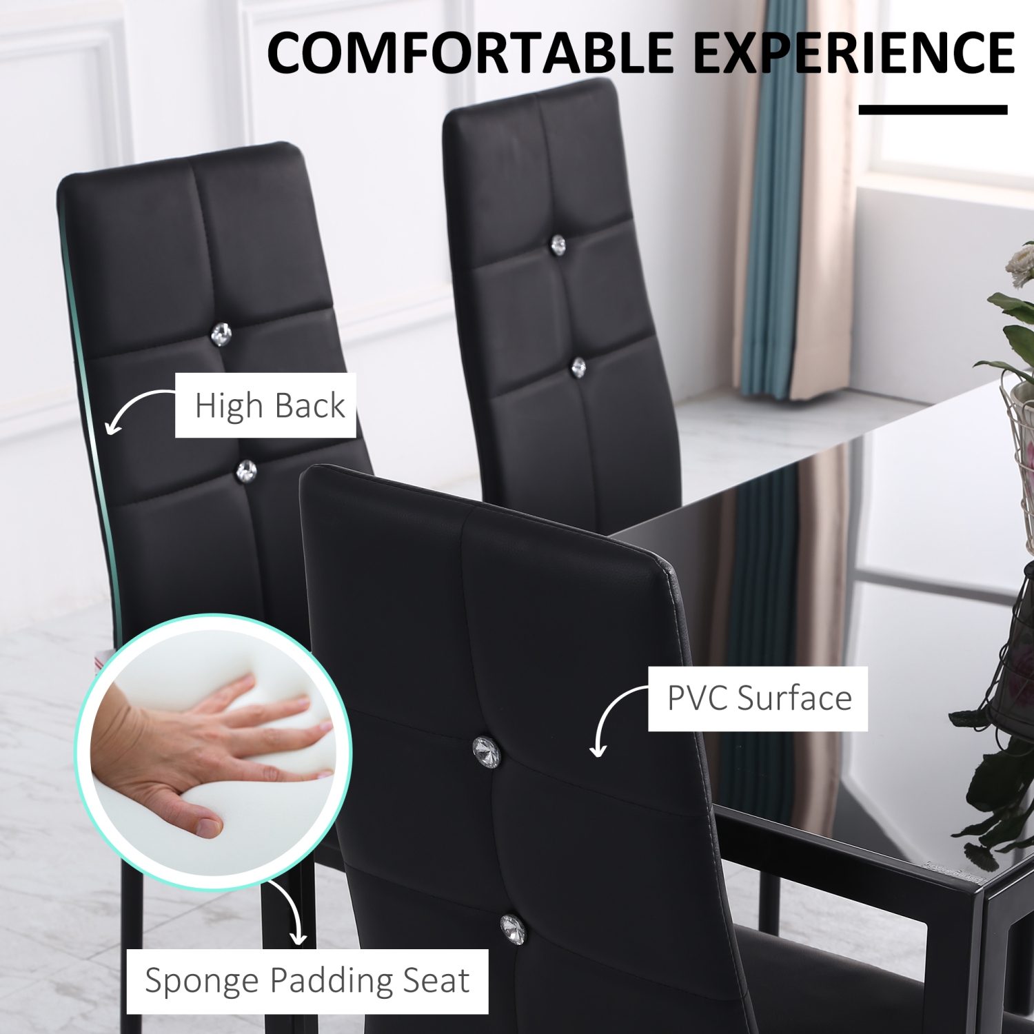 HOMCOM – Ensemble de 6 chaises de salle à manger modernes, chaises de cuisine rembourrées en similicuir avec capitonnage en cristal et pattes en