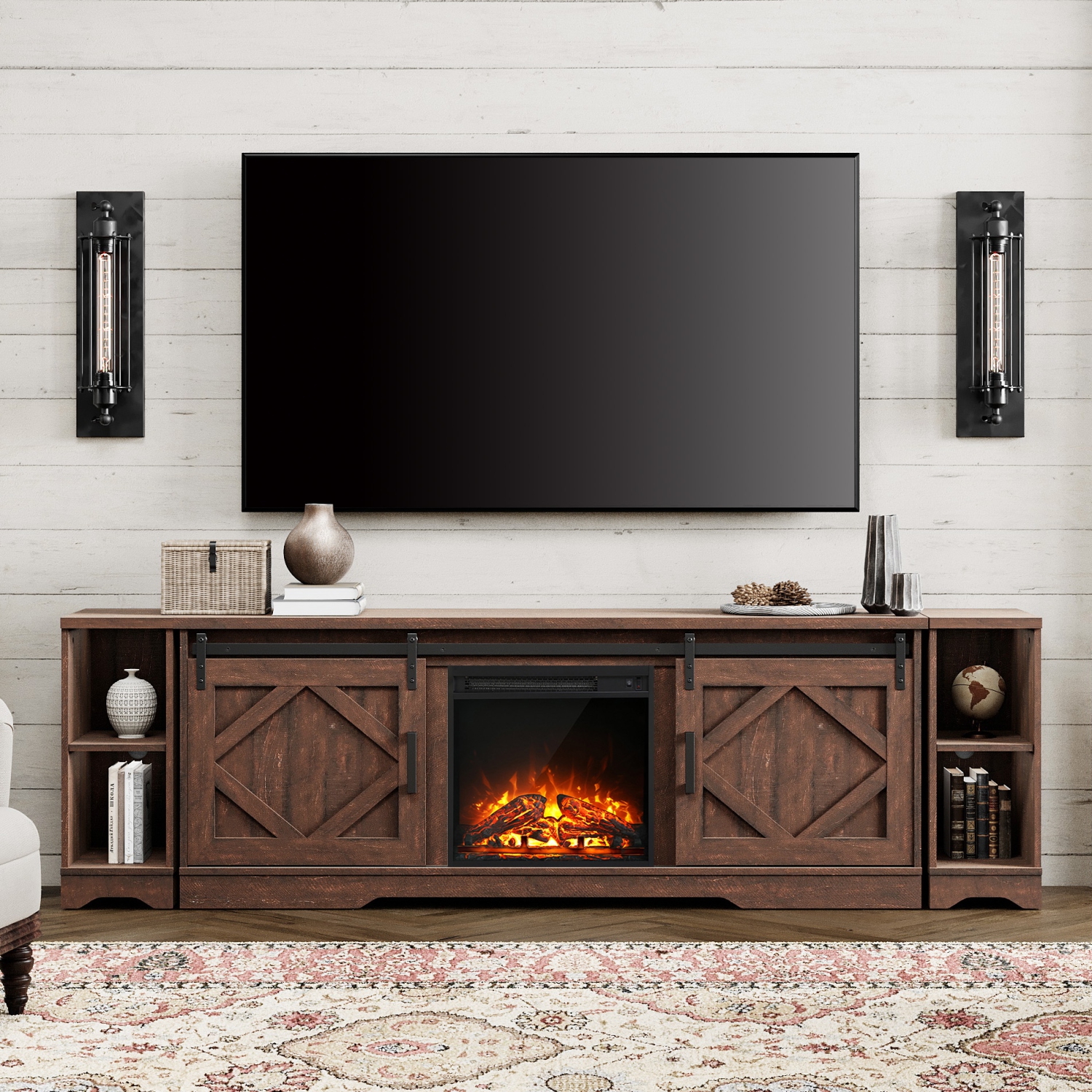 WAMPAT Fireplace TV Stand Farmhouse Sliding Barn Door Entertainment Center for TVs Up to 100 inches,Wood TV Media Console Table Cabinet Storage for Living Room,Rustic Brown