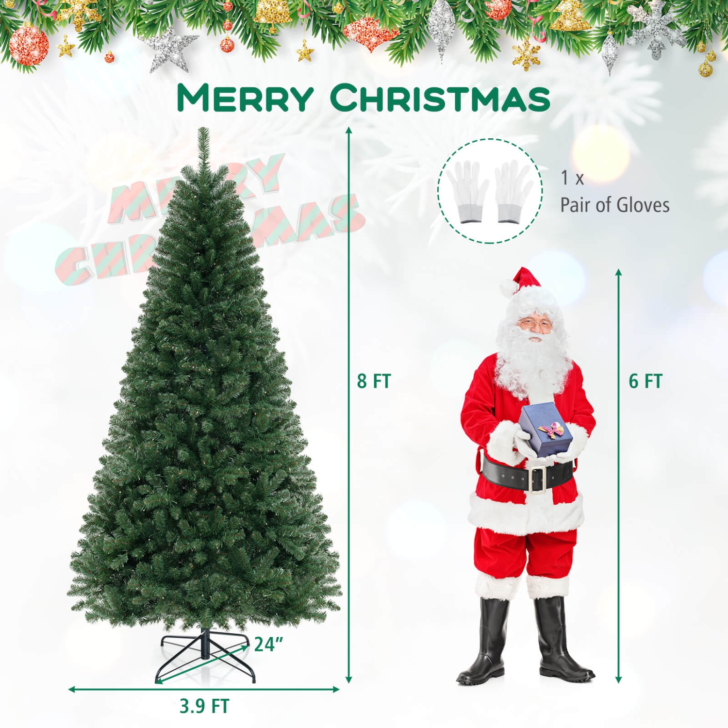 Costway 8 FT Christmas Tree with 1182 PVC Branch Tips 400 Warm White LED Lights Gloves