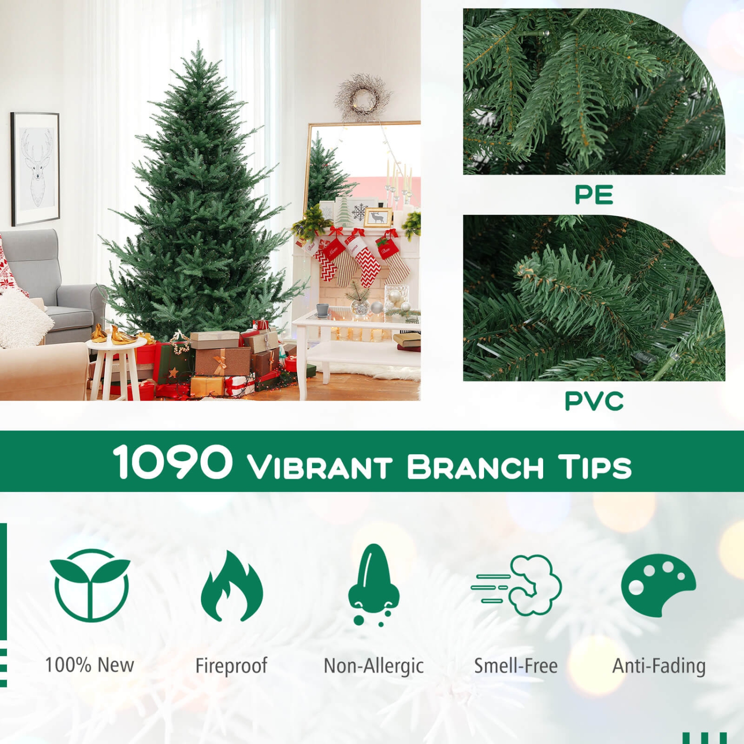 Arbre de Noël artificiel de 7 pi de Costway avec 1090 branches en PVC PE 340 lumières à DEL blanc chaud