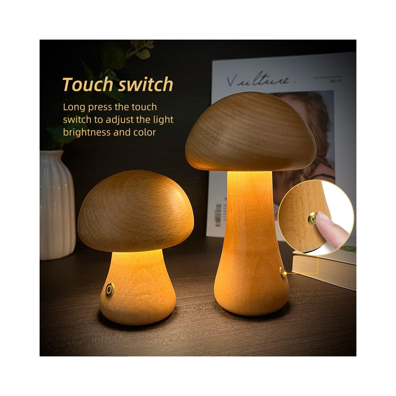YOULIGHTS Mushroom lamp, cute small bedside table lamp, rechargeable portable night light, suitable for bedroom, home decoration, can be used as a