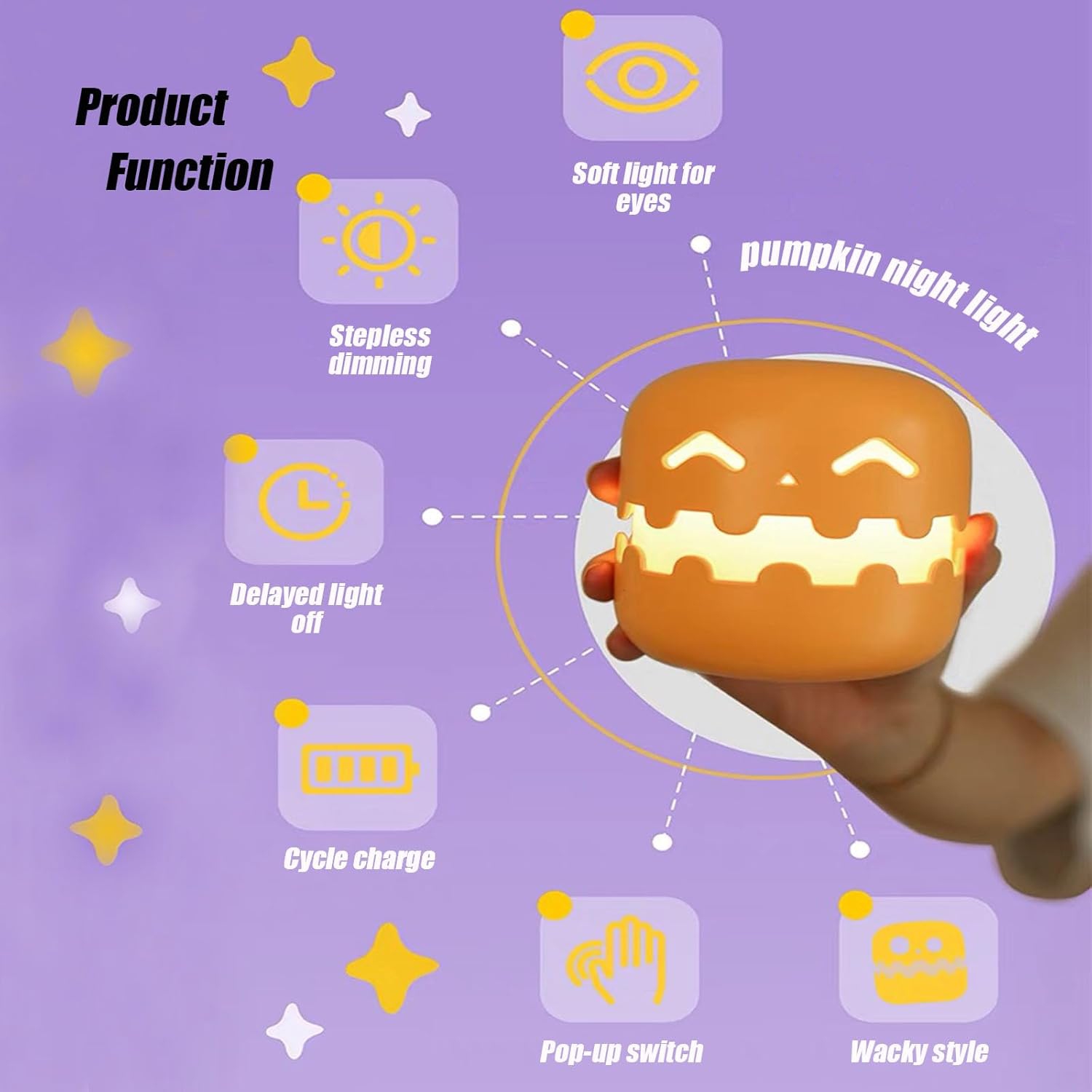 YOULIGHTS Pumpkin Night Light, Creative Rechargeable LED Comfort Bedroom Light with Timer, Press to Light Up, Dimmable Bedside Lamp for Birthday,