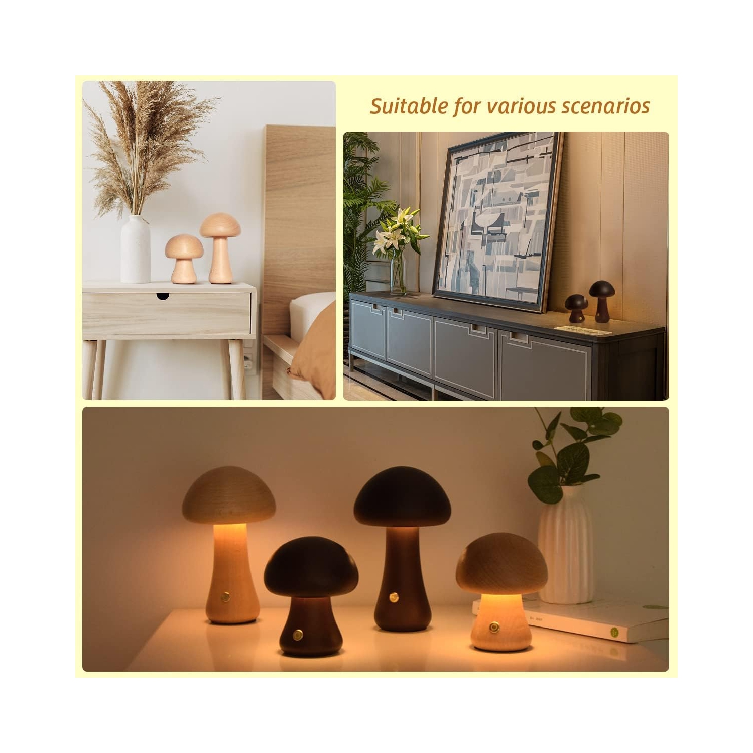 Mushroom Light, Rechargeable Portable Night Light, Cordless Wooden Night Light, Mushroom Decorative Light Suitable for Dining Room, Living Room,