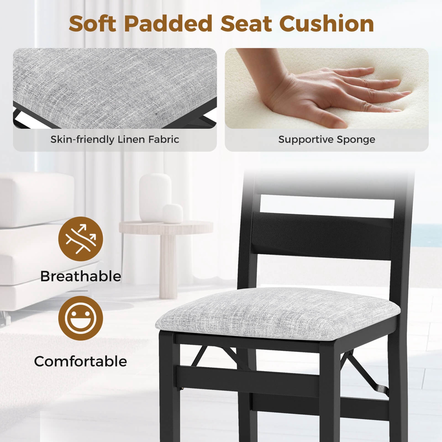 Costway Folding Chairs Set of 2 Modern Upholstered Chairs with Comfy Backrest & Padded Seat