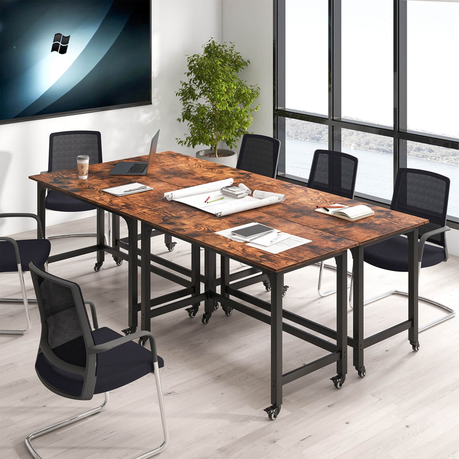 Bureau d'ordinateur roulant avec cadre en métal PC de Costway 4 PCS poste de travail à dessus en bois pour ordinateur portatif