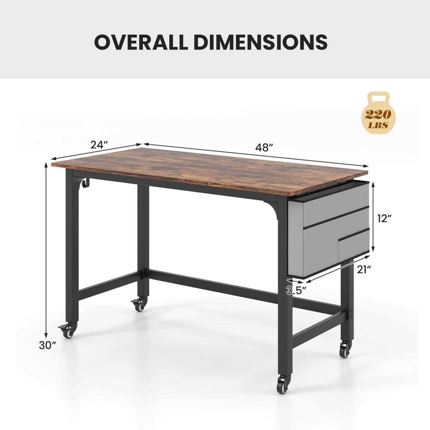Costway 1 PCS Rolling Computer Desk Metal Frame PC Laptop Table Wood Top Study Workstation