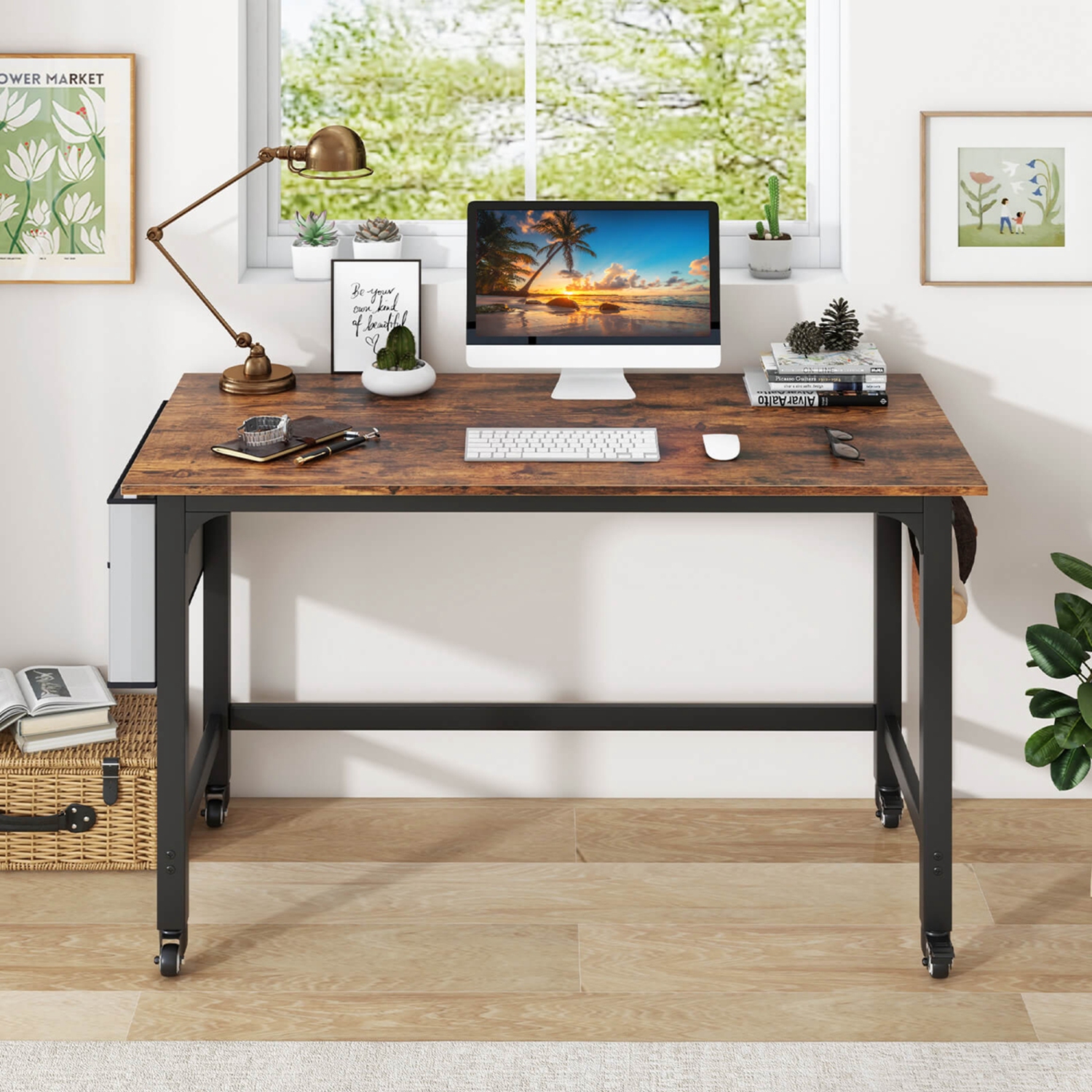 Costway 1 PCS Rolling Computer Desk Metal Frame PC Laptop Table Wood Top Study Workstation