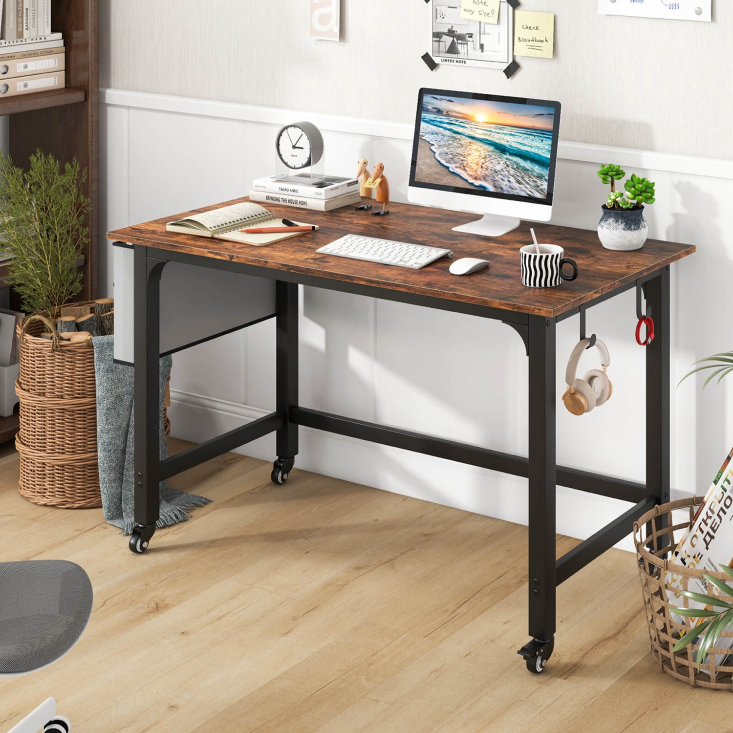 Costway 2 PCS Rolling Computer Desk Metal Frame PC Laptop Table Wood Top Study Workstation